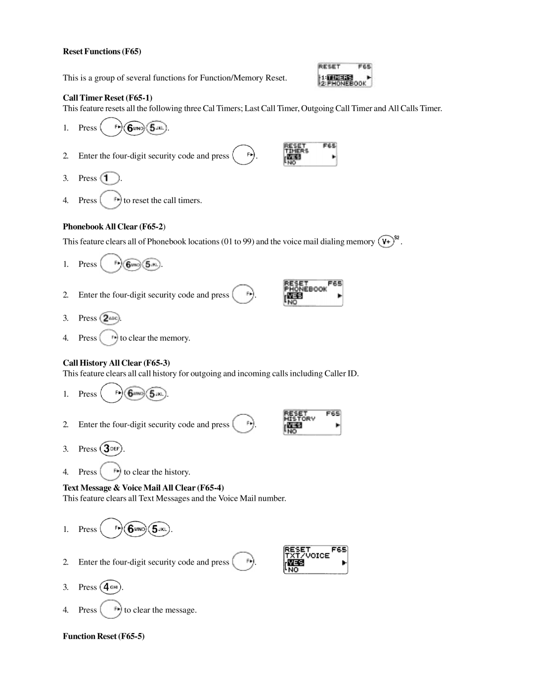 Audiovox CMD-9000 Reset Functions F65, Call Timer Reset F65-1, Phonebook All Clear F65-2, Call History All Clear F65-3 
