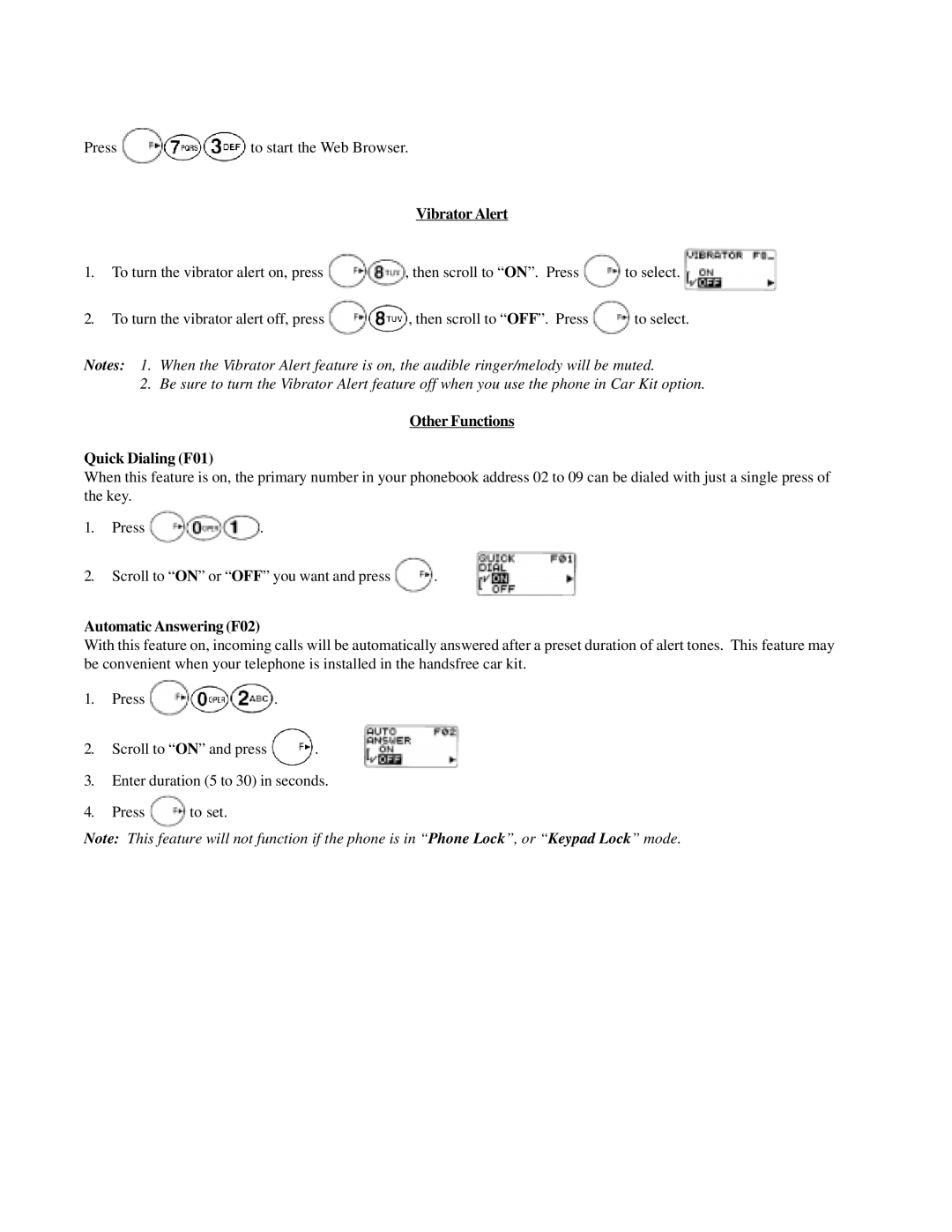 Audiovox CMD-9000 operation manual Vibrator Alert, Other Functions Quick Dialing F01, Automatic Answering F02 