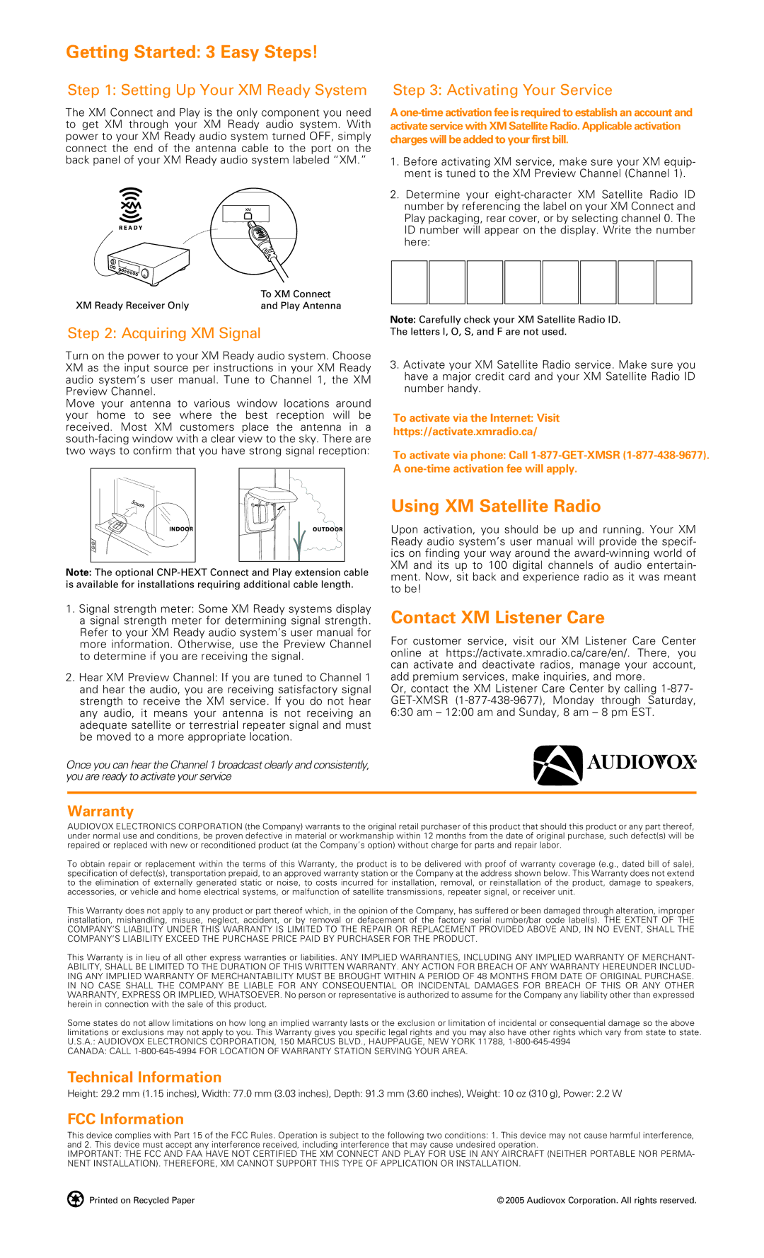 Audiovox CNP-1000C quick start Getting Started 3 Easy Steps, Using XM Satellite Radio Contact XM Listener Care, Warranty 