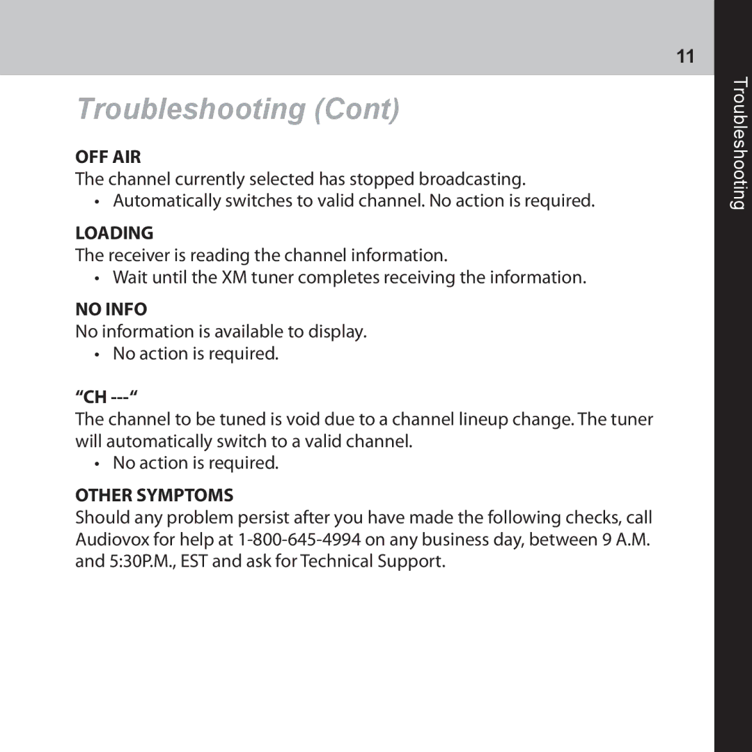 Audiovox CNP2000UC manual Off Air, Loading, No Info, Other Symptoms 