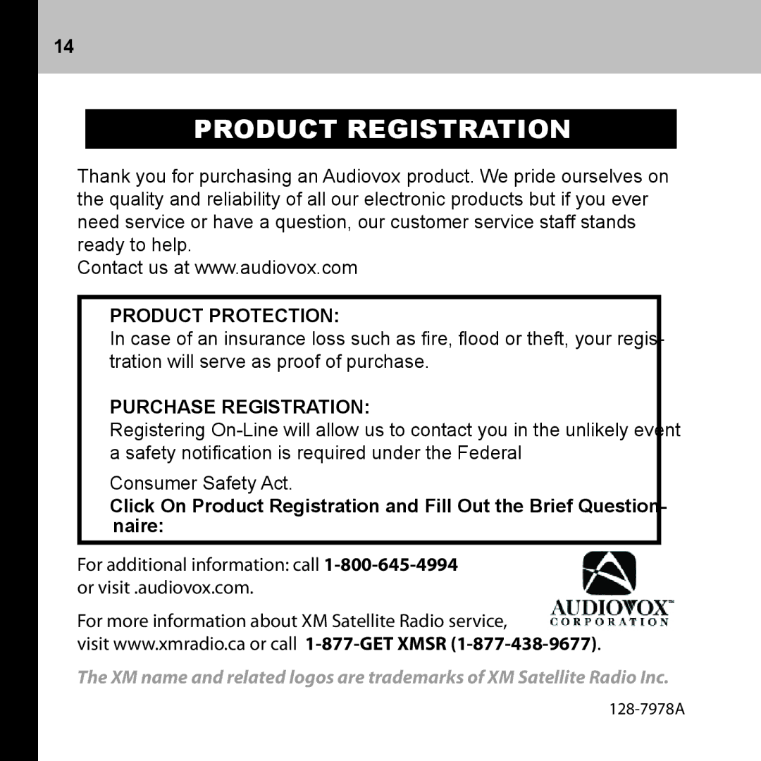 Audiovox CNP2000UC manual Product Protection, Purchase Registration 