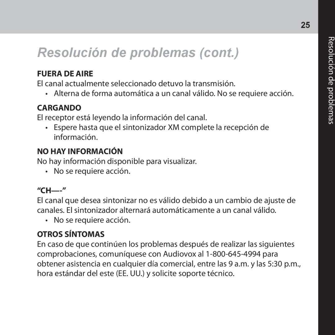 Audiovox CNP2000UC manual Fuera DE Aire, Cargando, No HAY Información, Otros Síntomas 