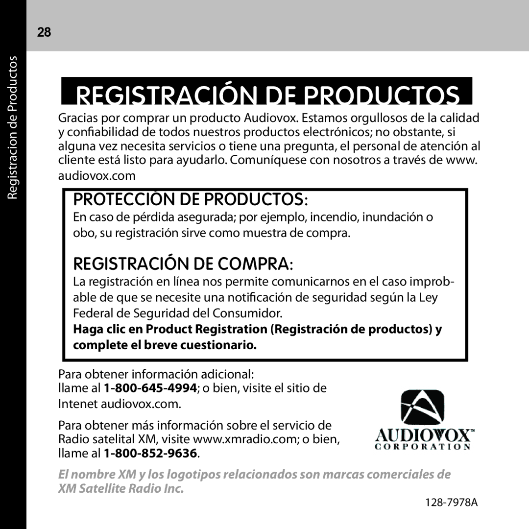 Audiovox CNP2000UC manual Registración DE Productos 