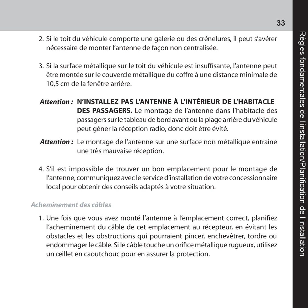 Audiovox CNP2000UC manual Acheminement des câbles 