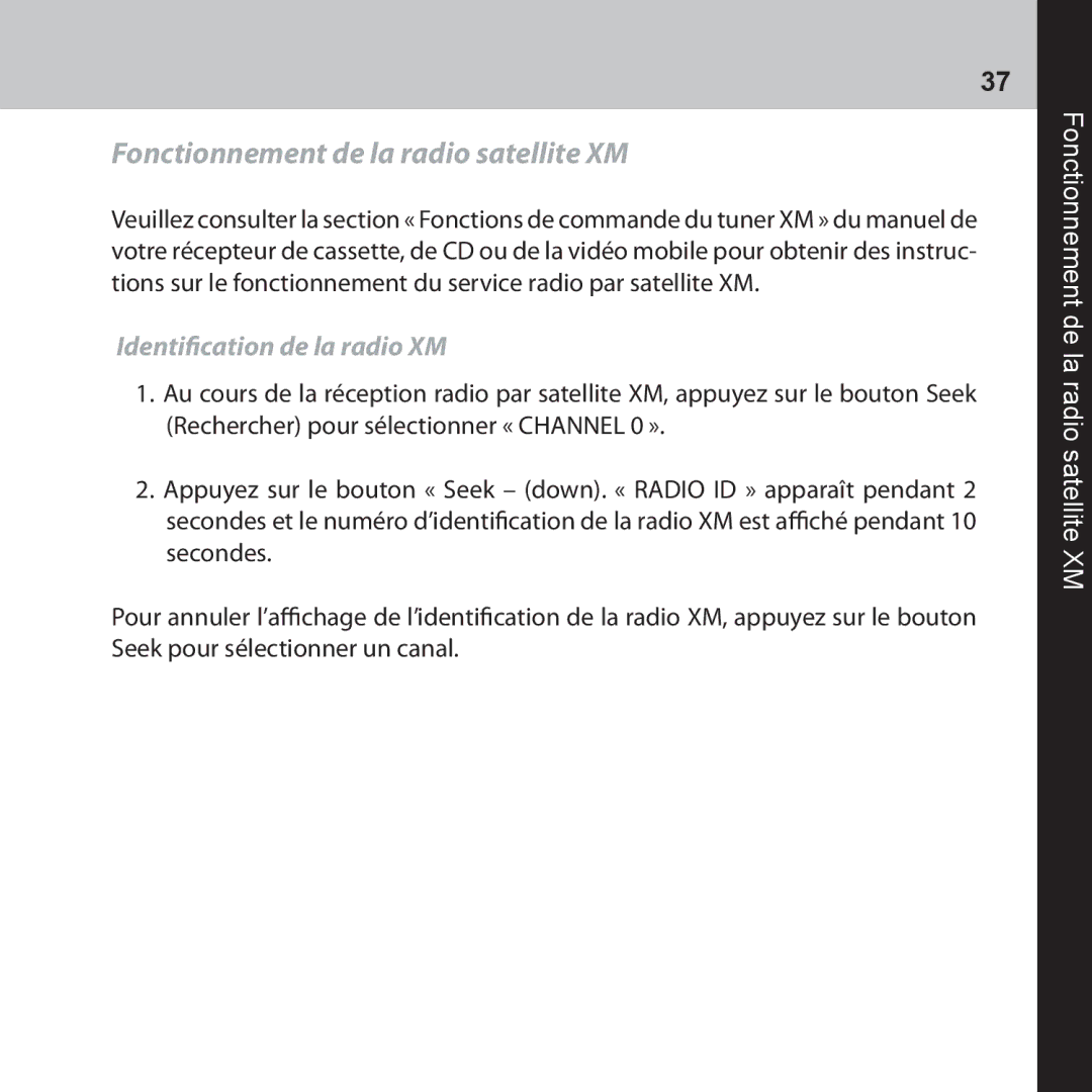 Audiovox CNP2000UC manual Fonctionnement de la radio satellite XM, Identification de la radio XM 