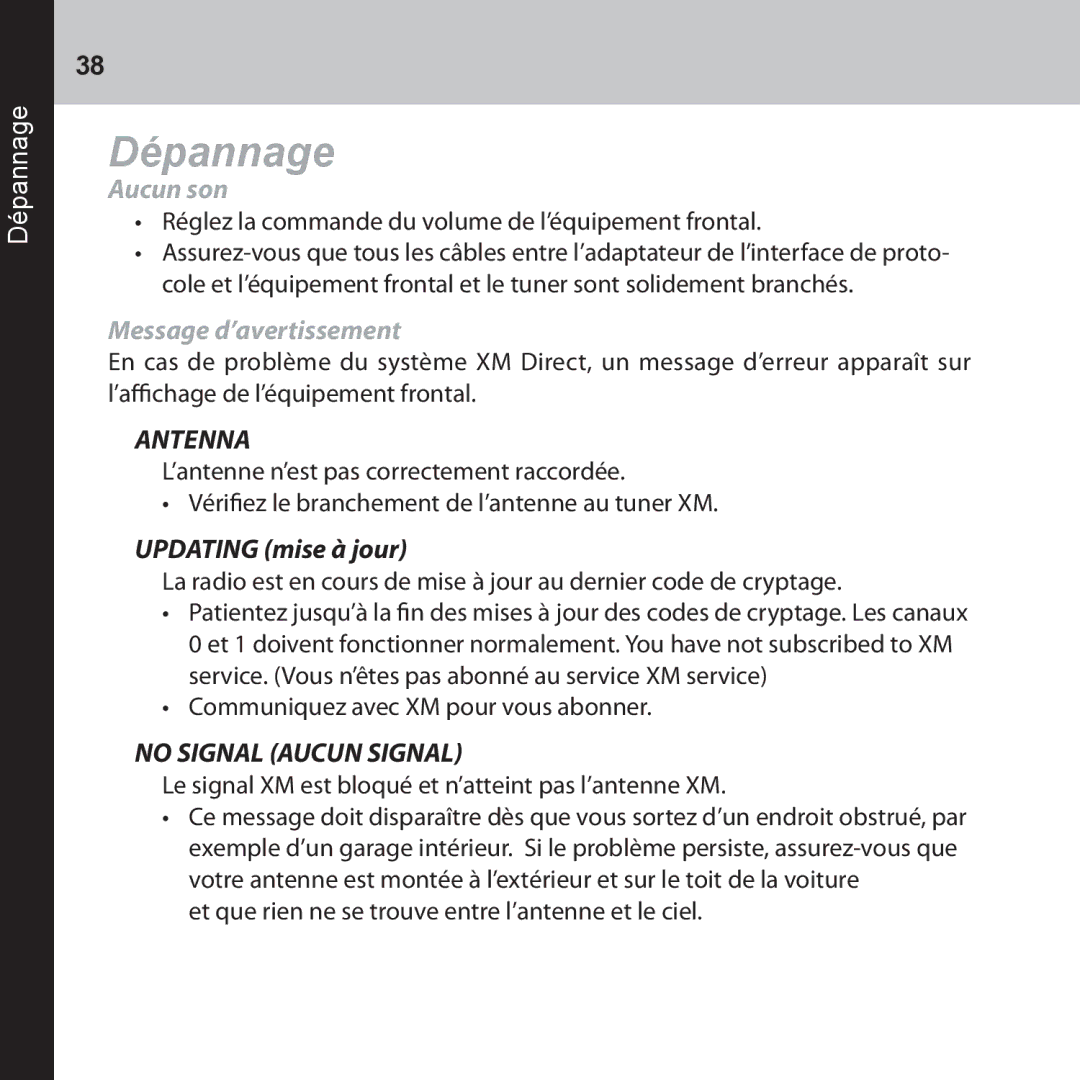 Audiovox CNP2000UC manual Aucun son, Message d’avertissement, Updating mise à jour 