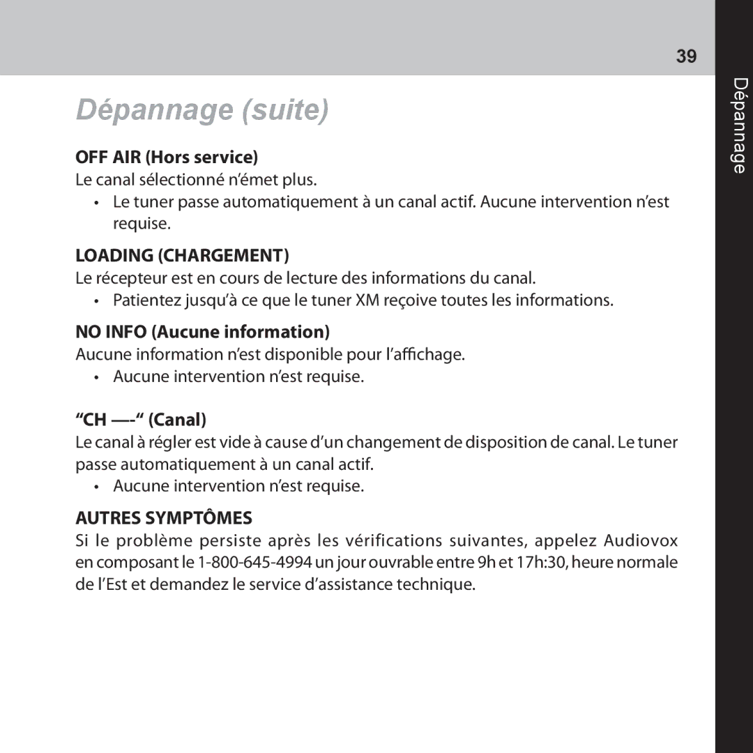 Audiovox CNP2000UC manual Loading Chargement, Autres Symptômes 