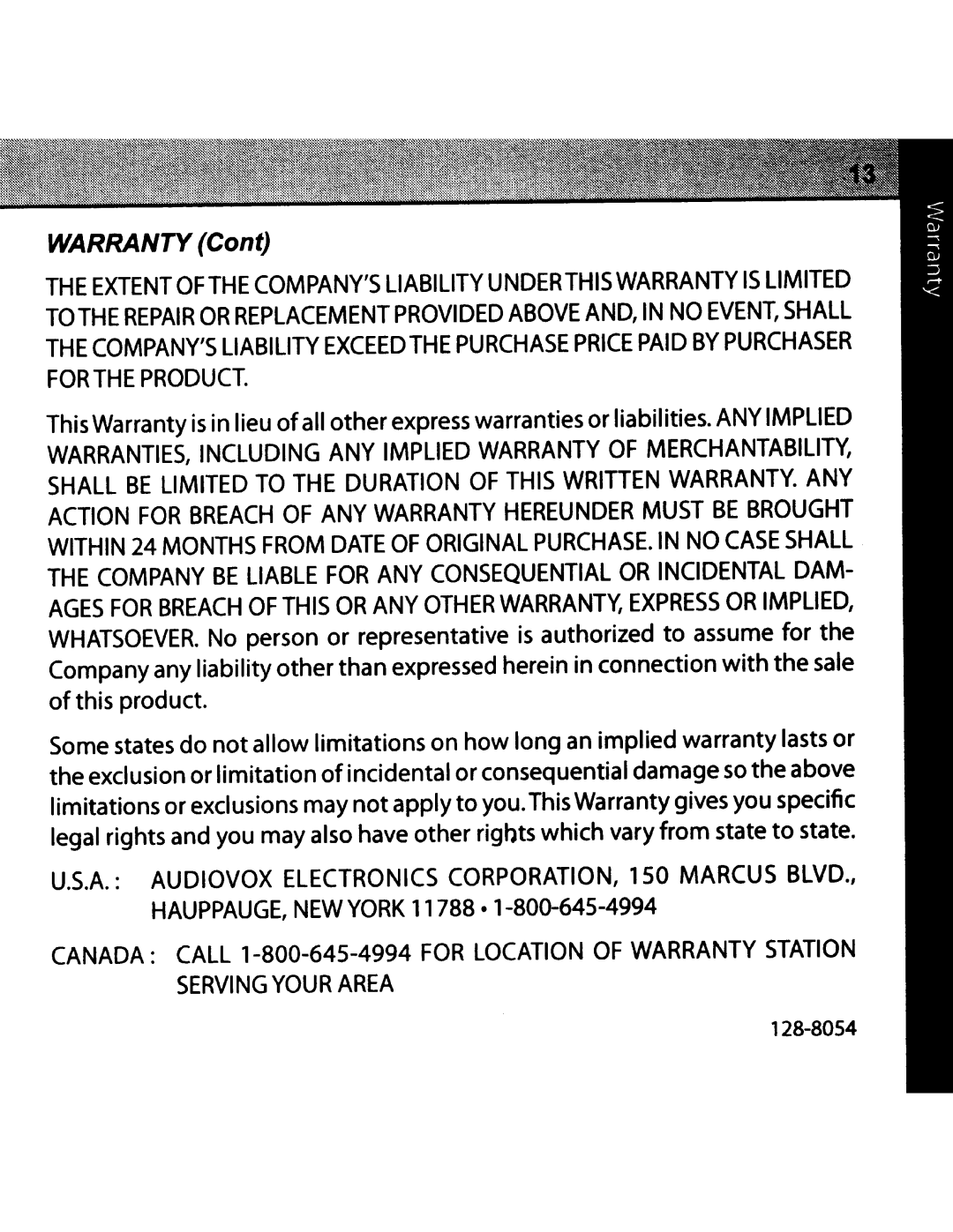 Audiovox CNP2000UCA manual Warranty Cant 