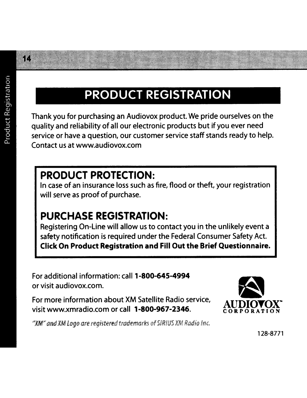 Audiovox CNP2000UCA manual Audiotoxn, Product Registration, Product Protection, Purchase Registration 