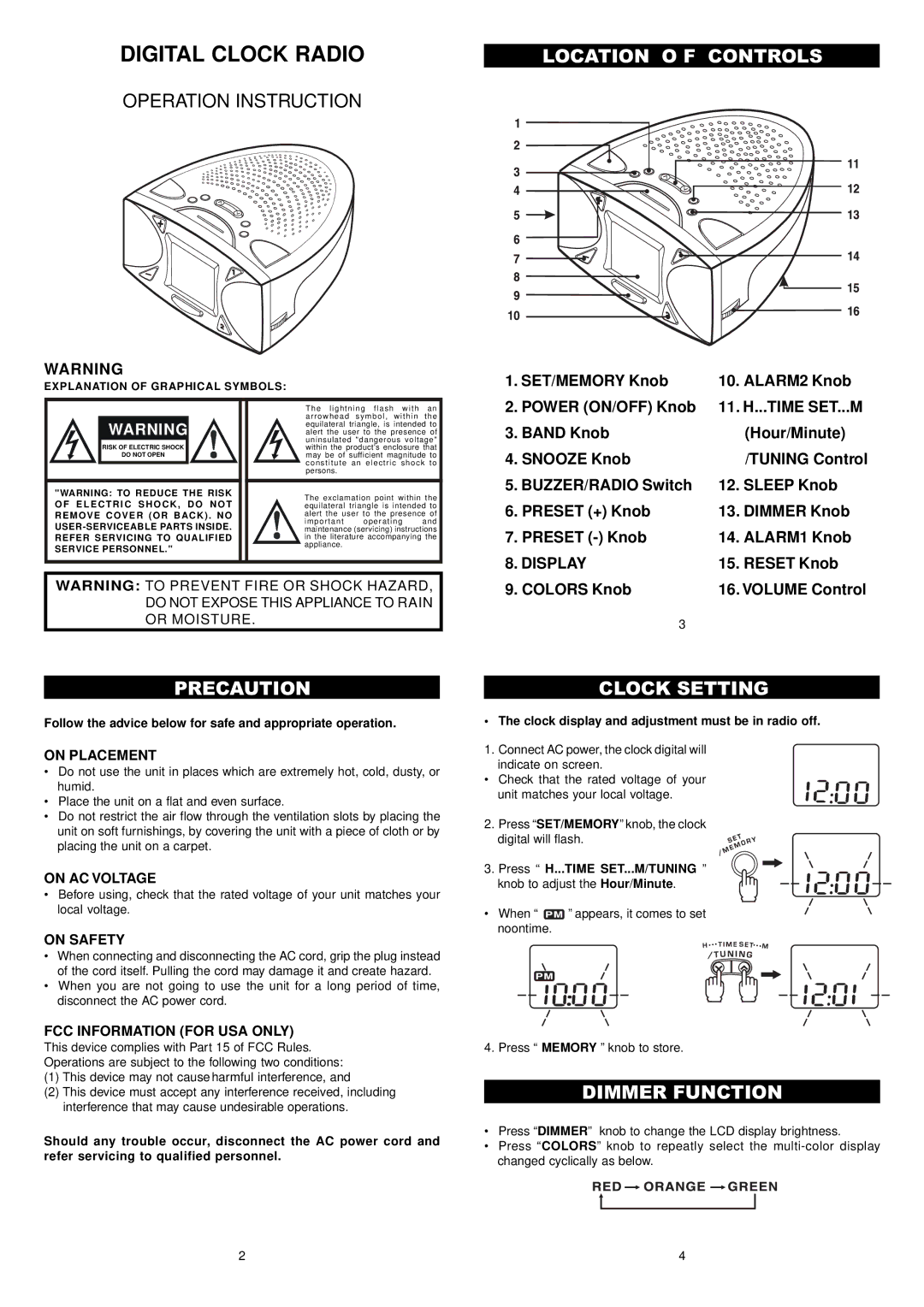 Audiovox CR-308 user service Location O F Controls, Precaution, Clock Setting, Dimmer Function 