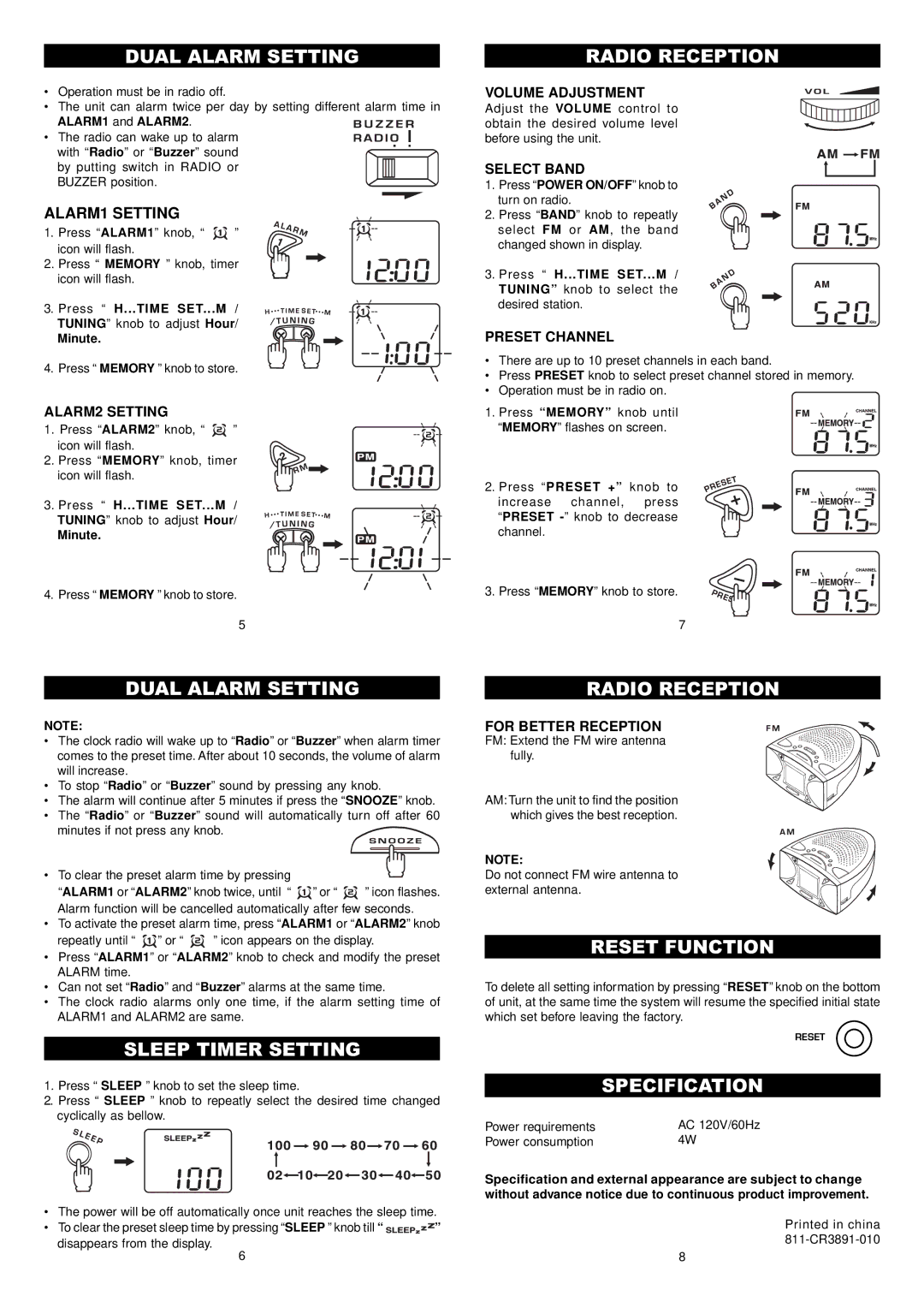 Audiovox CR-308 user service Dual Alarm Setting, Radio Reception, Sleep Timer Setting, Reset Function, Specification 