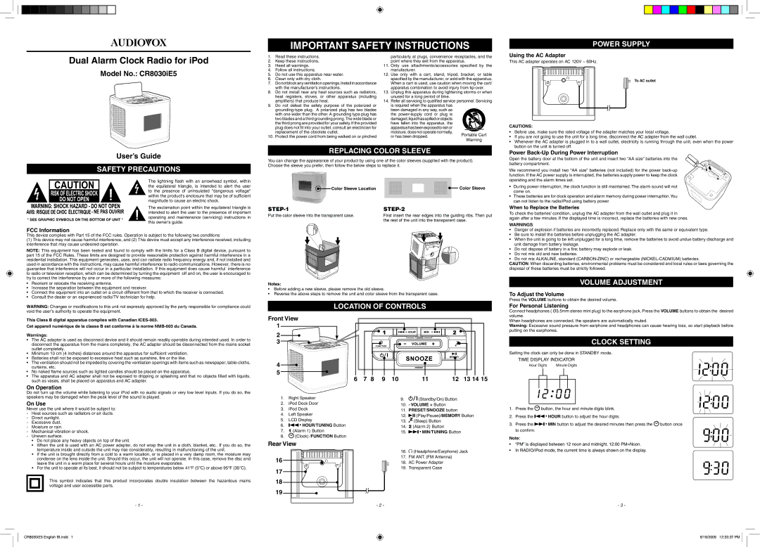 Audiovox CR8030IE5 important safety instructions Power Supply, Location of Controls, Volume Adjustment 