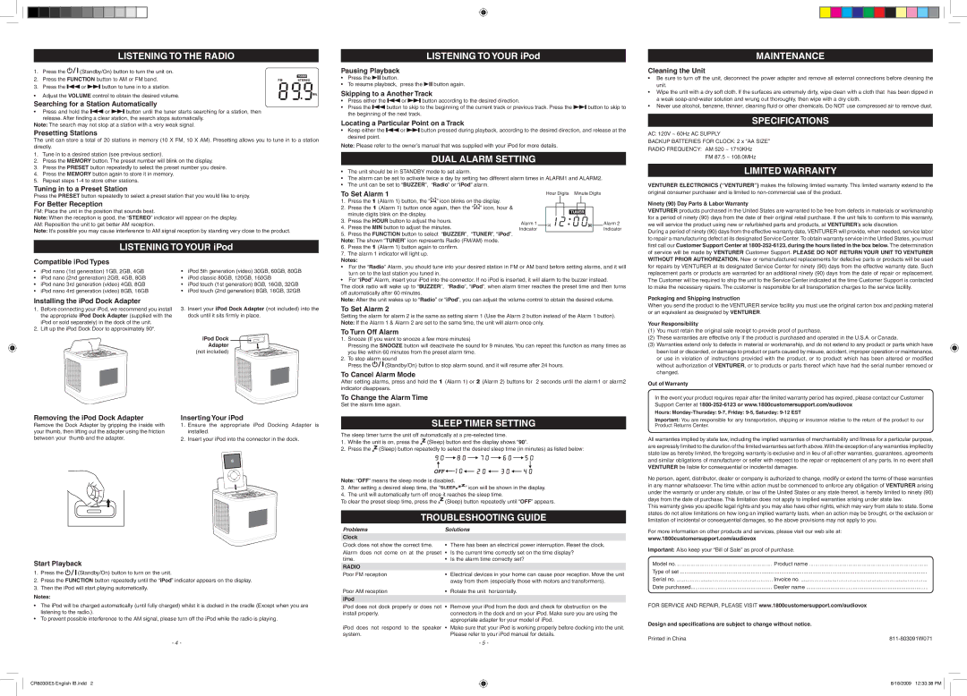 Audiovox CR8030IE5 Listening to the Radio, Dual Alarm Setting, Maintenance, Specifications, Limited Warranty 
