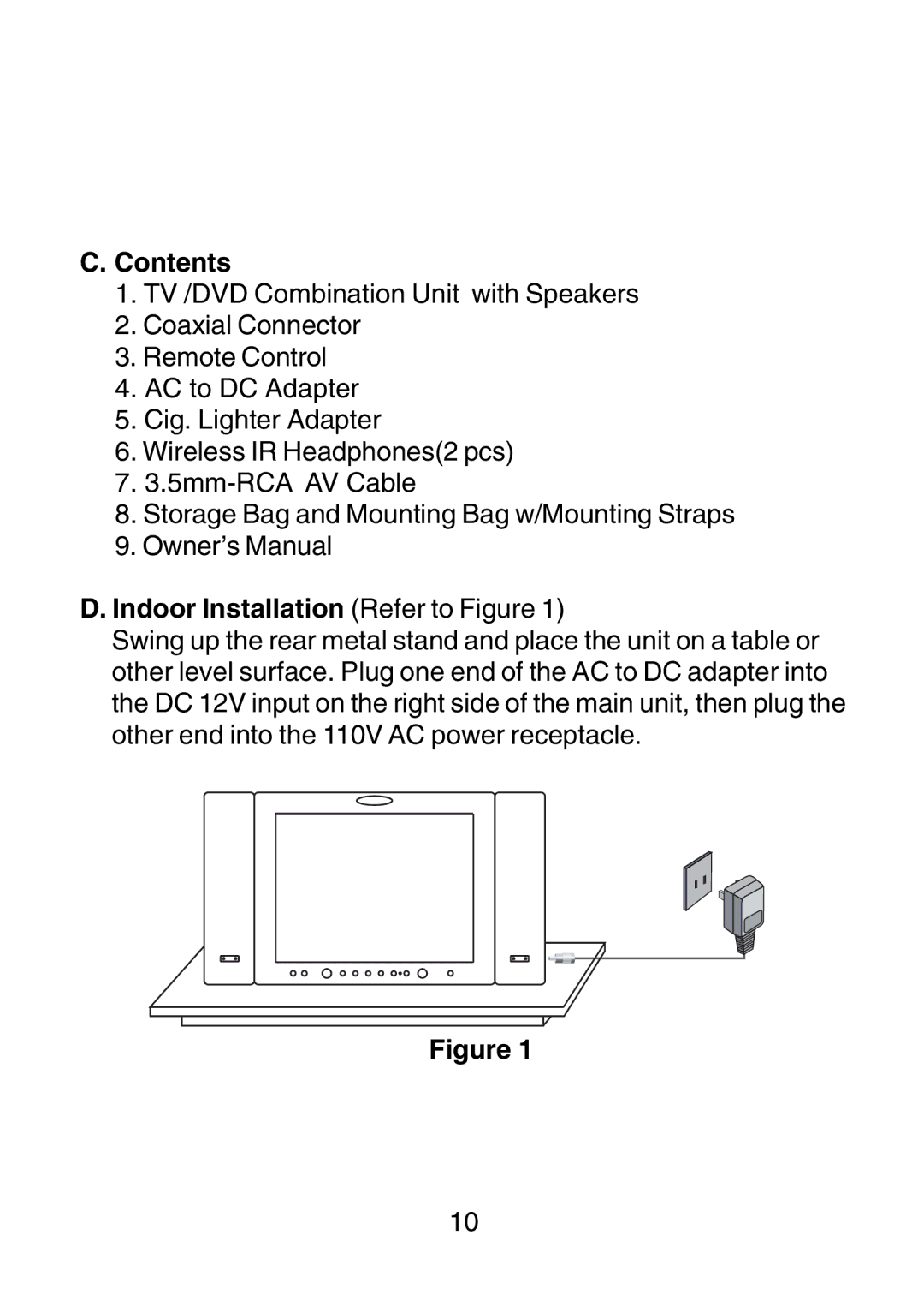 Audiovox D1210 owner manual Contents, Indoor Installation Refer to Figure 