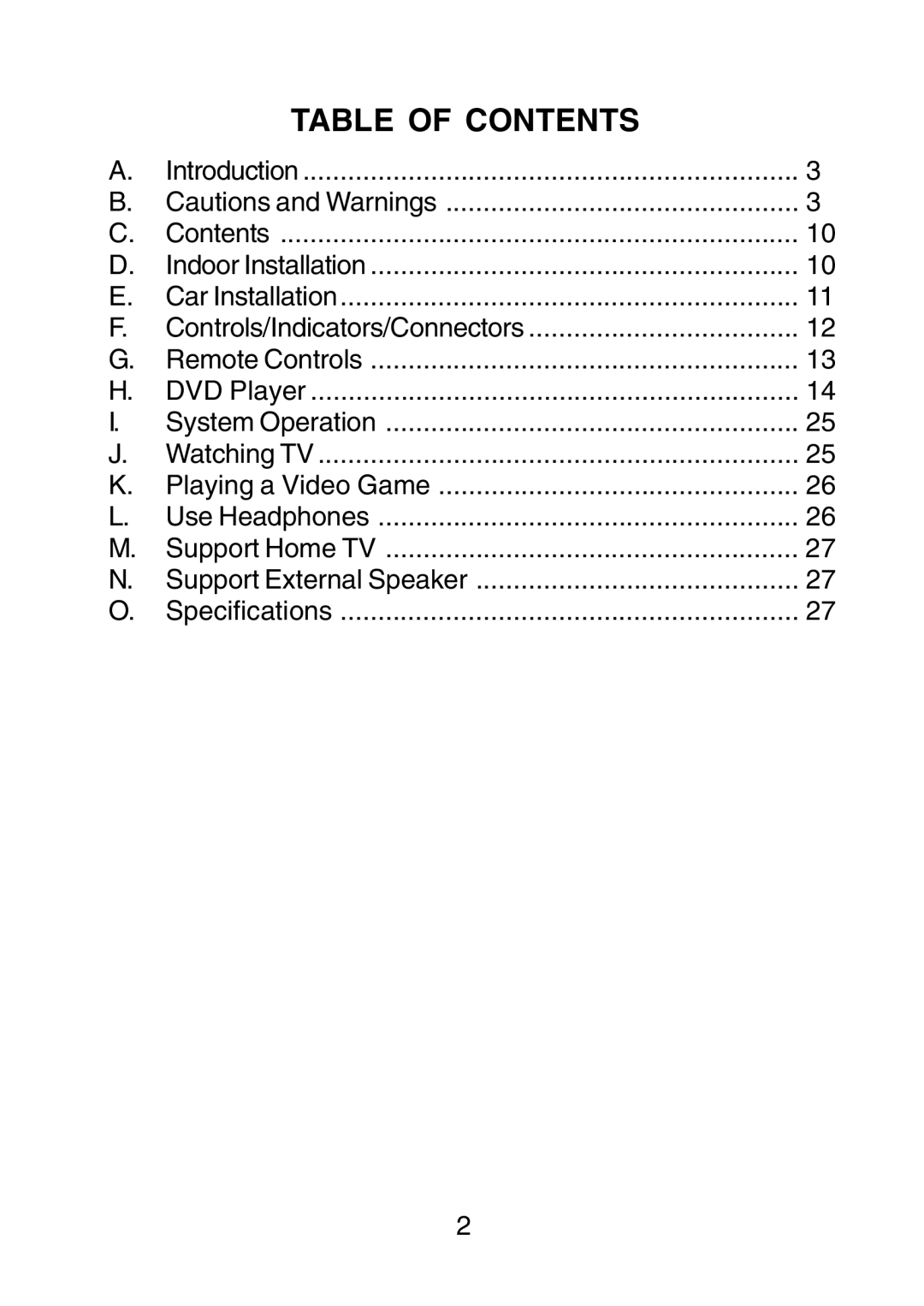 Audiovox D1210 owner manual Table of Contents 