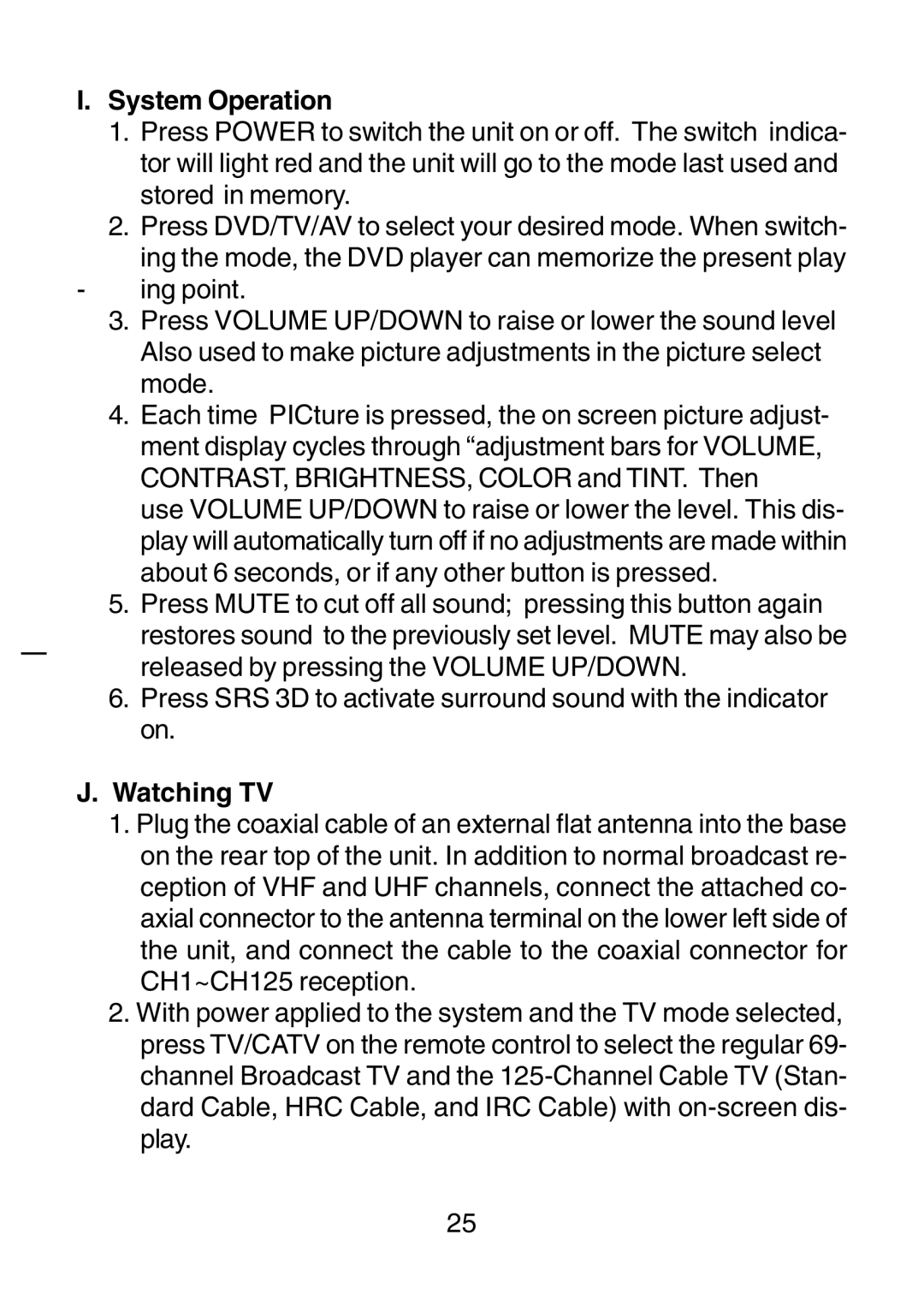 Audiovox D1210 owner manual System Operation, Watching TV 