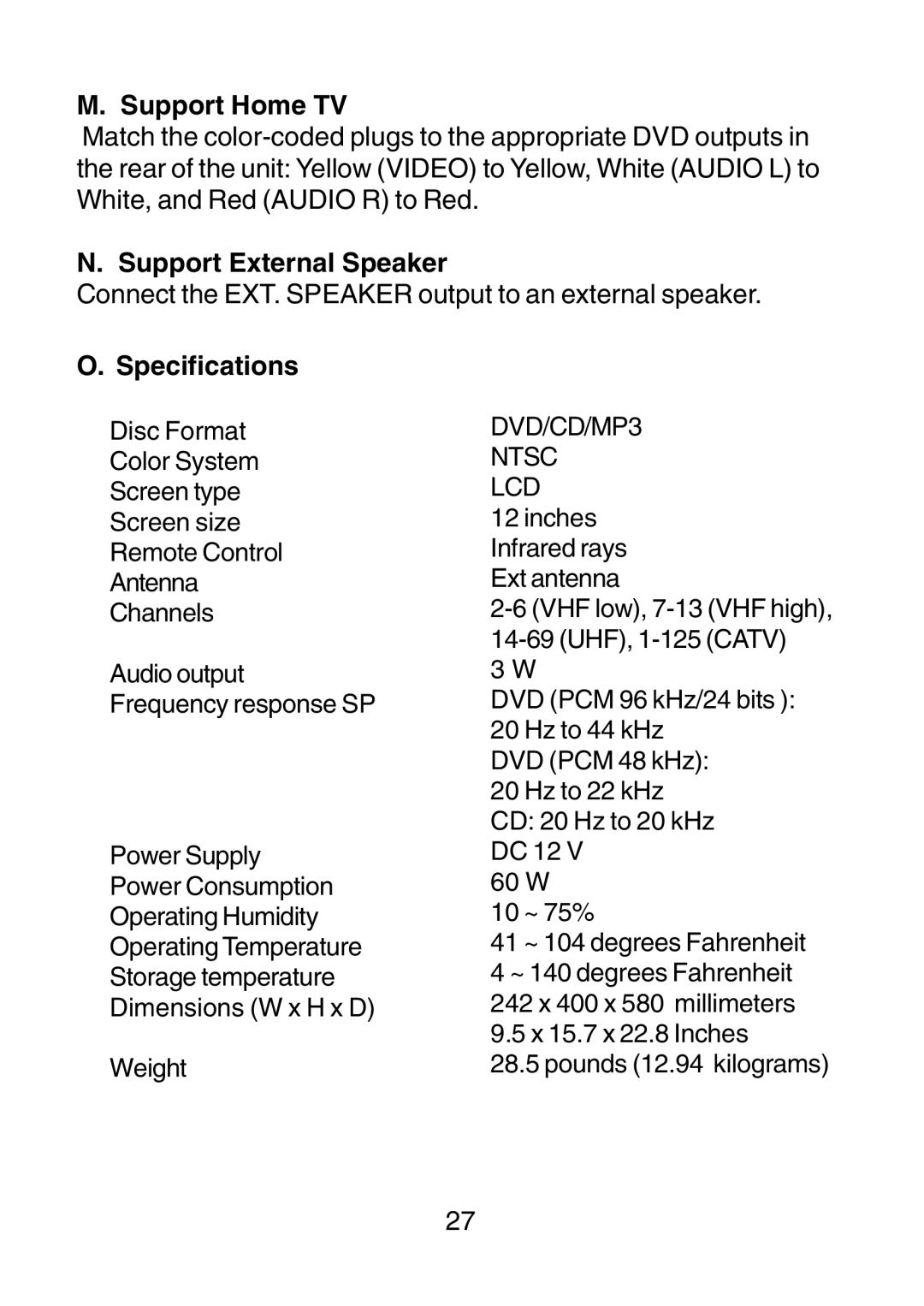 Audiovox D1210 owner manual Support Home TV, Support External Speaker, Specifications 