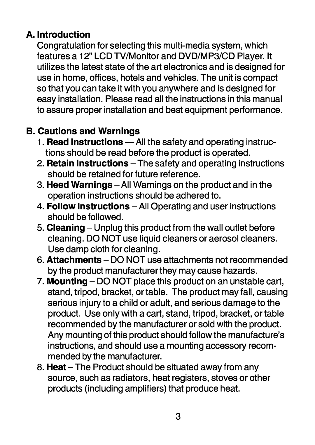Audiovox D1210 owner manual A. Introduction, B. Cautions and Warnings 