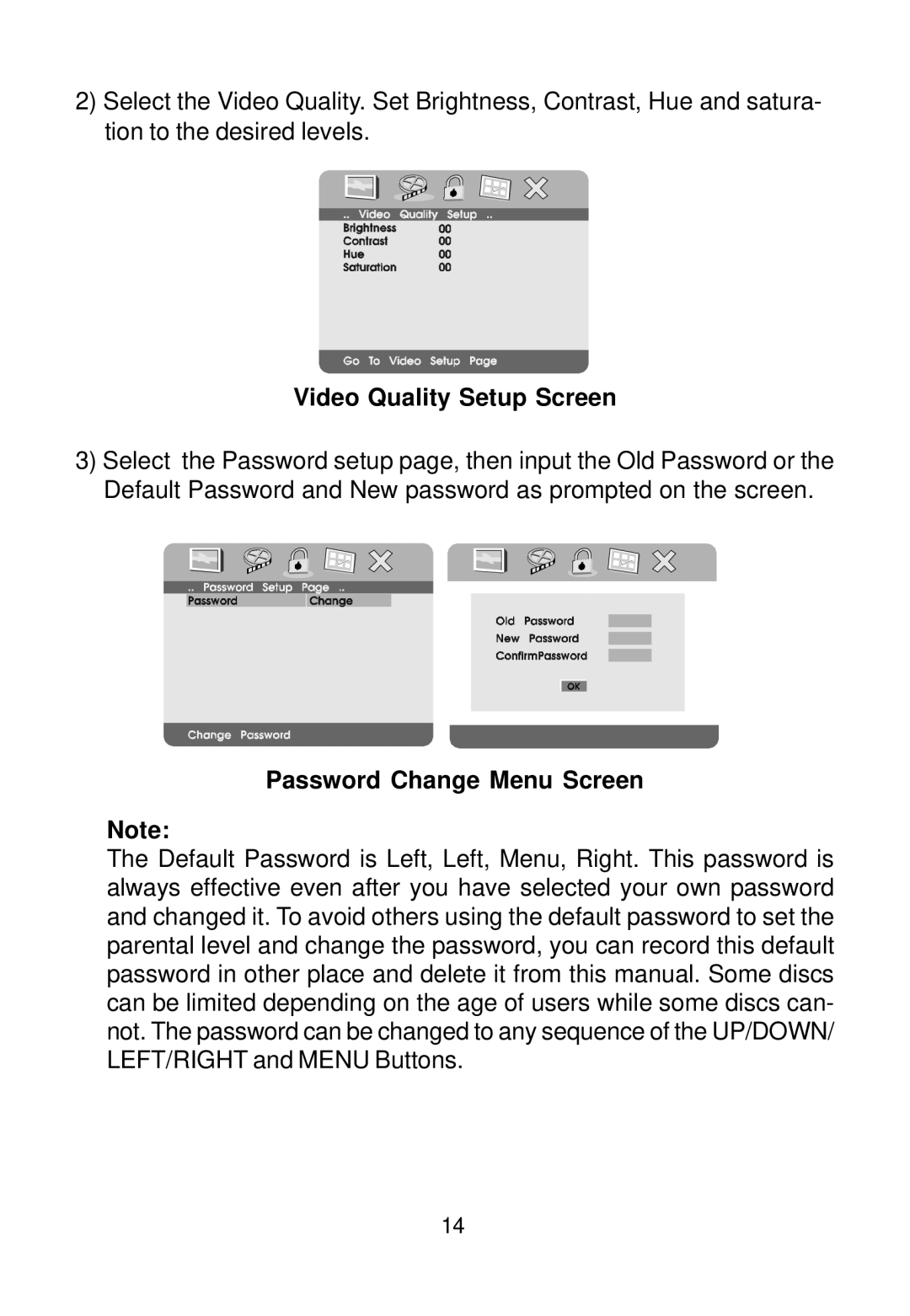 Audiovox D1420HP manual Video Quality Setup Screen, Password Change Menu Screen 