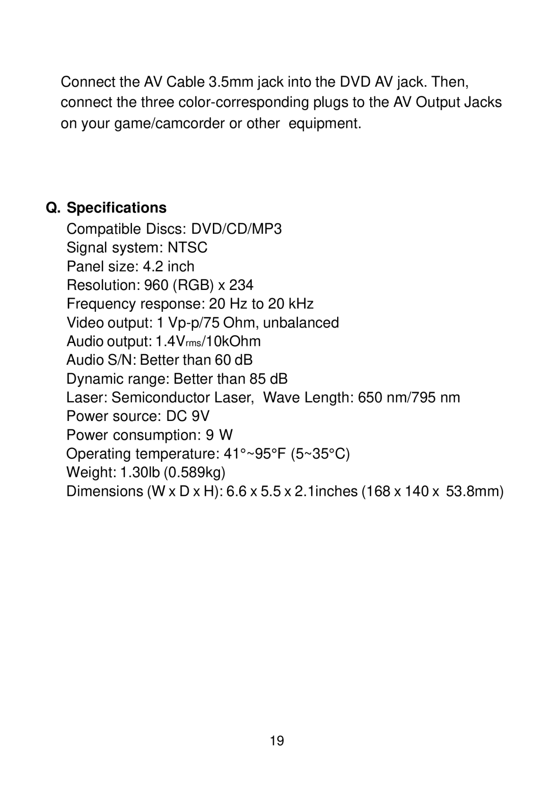 Audiovox D1420HP manual Specifications 