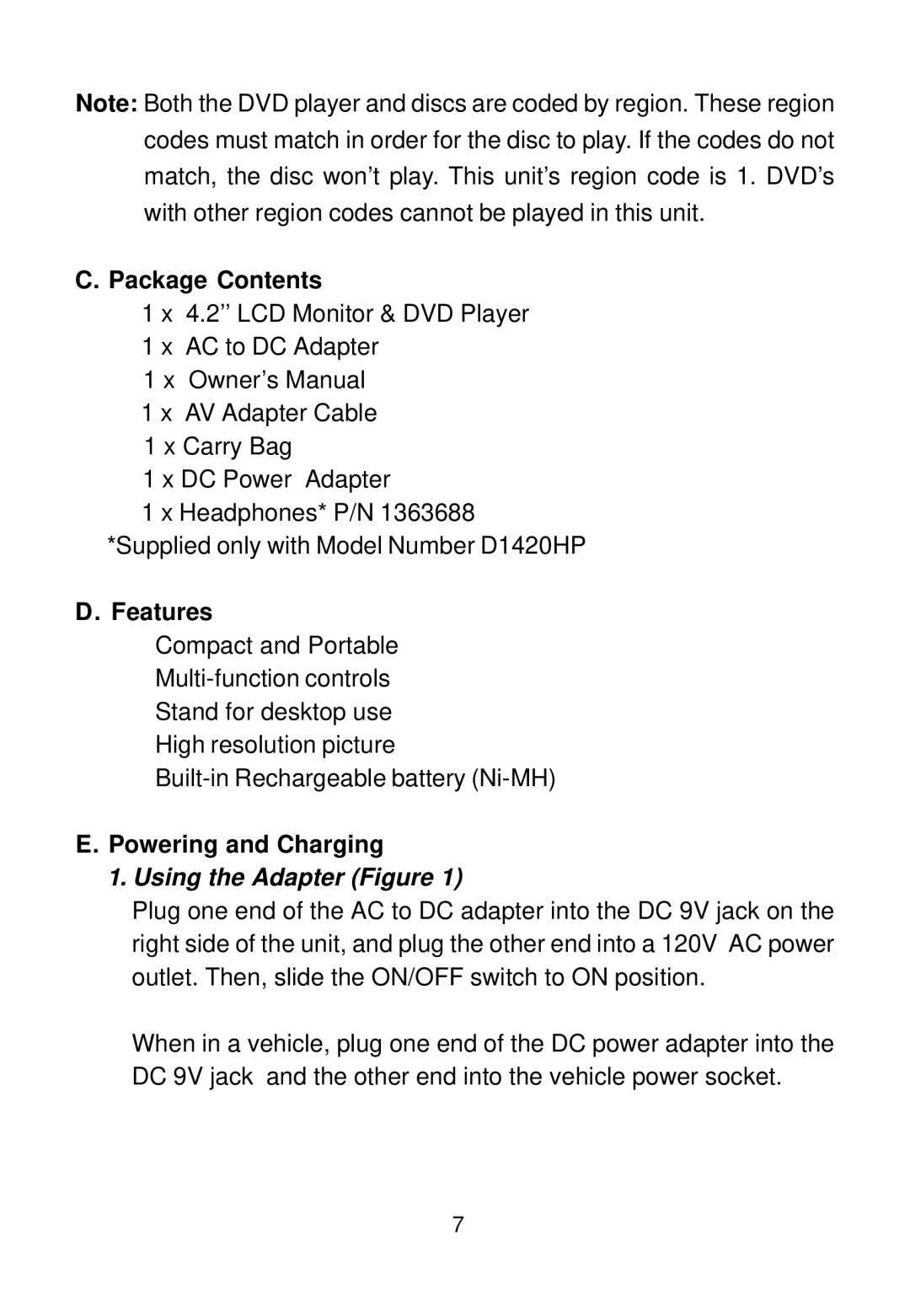 Audiovox D1420HP manual Package Contents, Features, Powering and Charging 