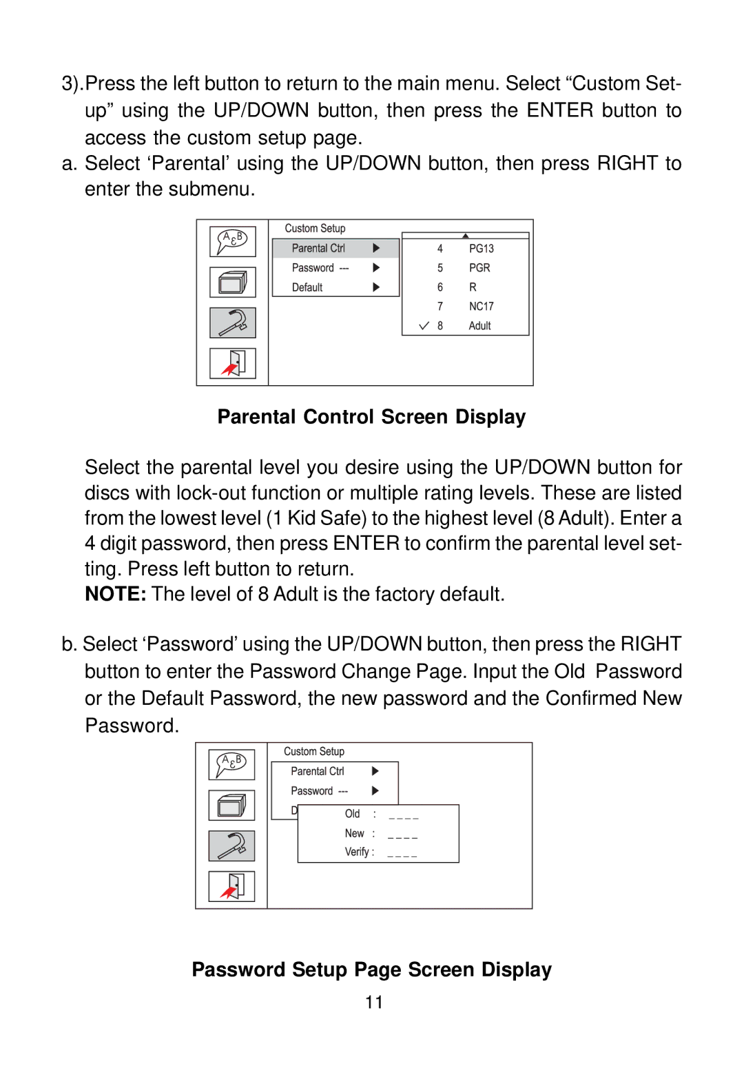 Audiovox D1500A manual Parental Control Screen Display, Password Setup Page Screen Display 