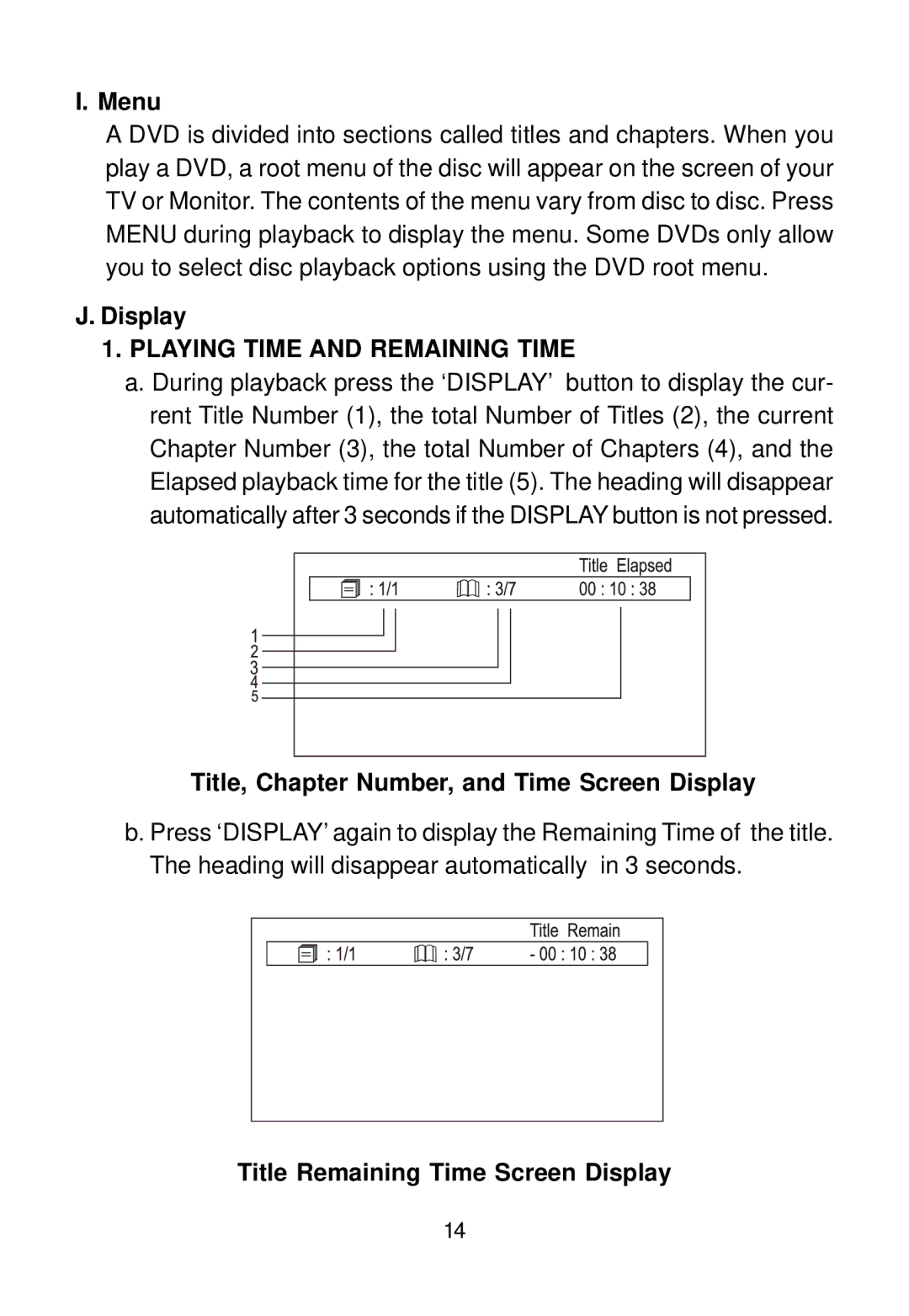 Audiovox D1500A manual Menu, Playing Time and Remaining Time, Title, Chapter Number, and Time Screen Display 