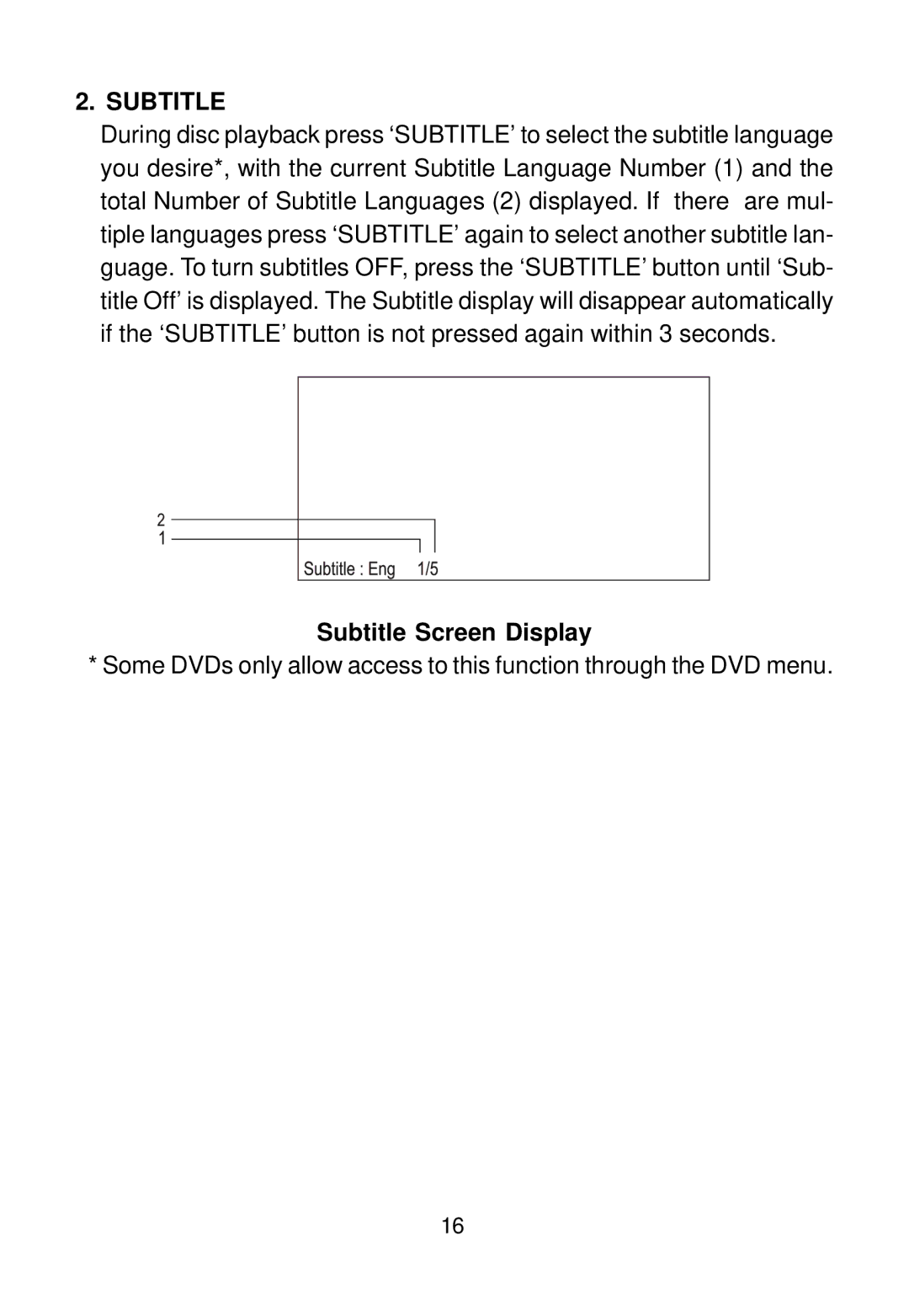 Audiovox D1500A manual Subtitle Screen Display 