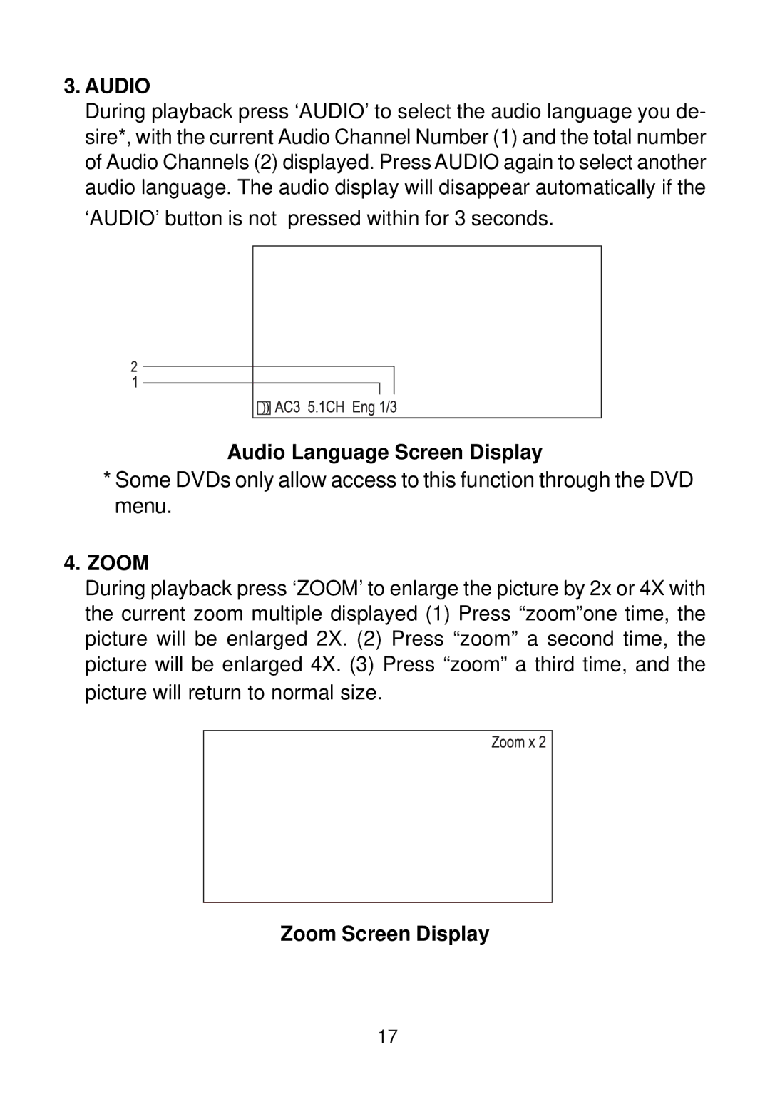 Audiovox D1500A manual Audio, Zoom Screen Display 