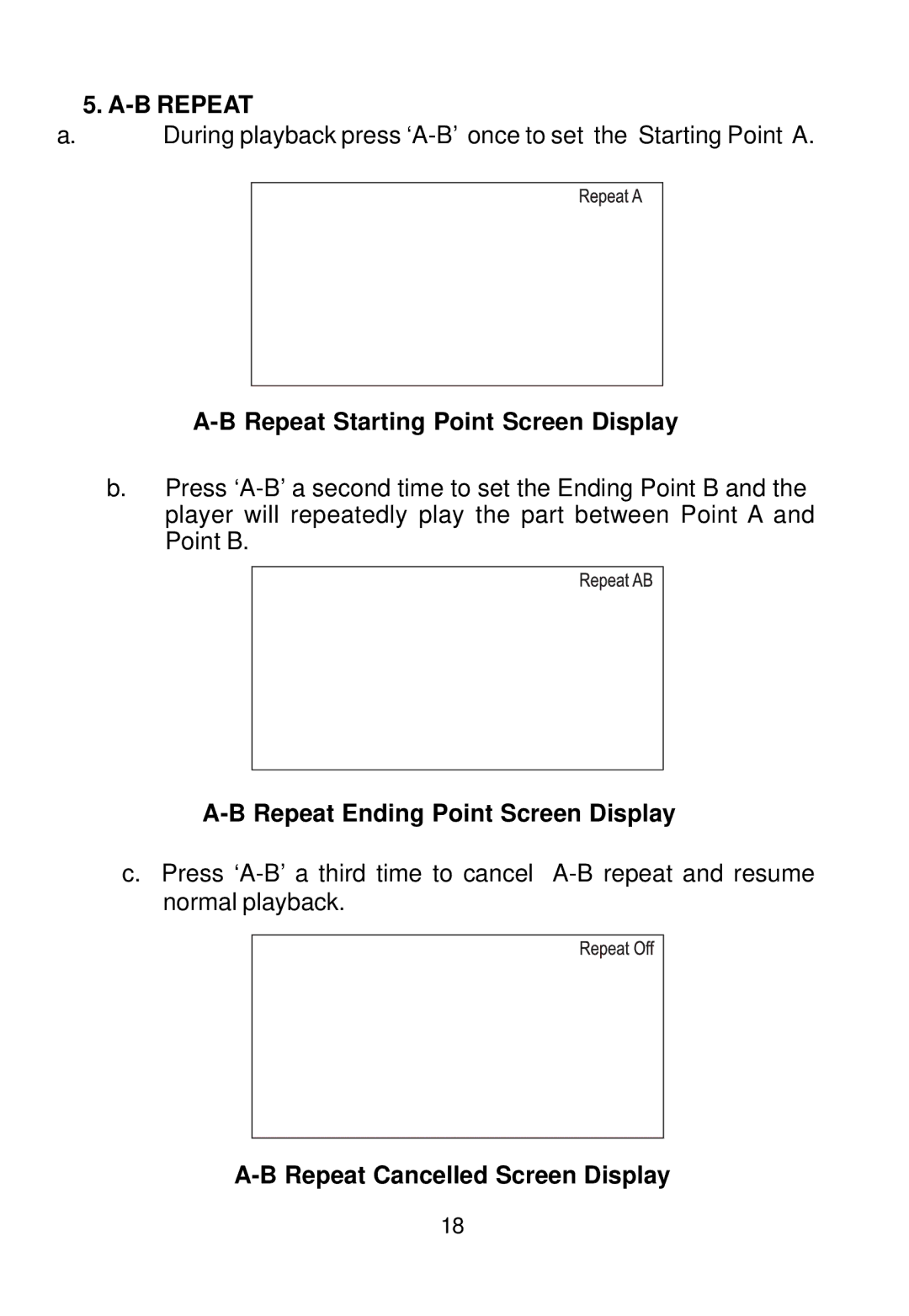 Audiovox D1500A manual B Repeat, Repeat Starting Point Screen Display, Repeat Ending Point Screen Display 