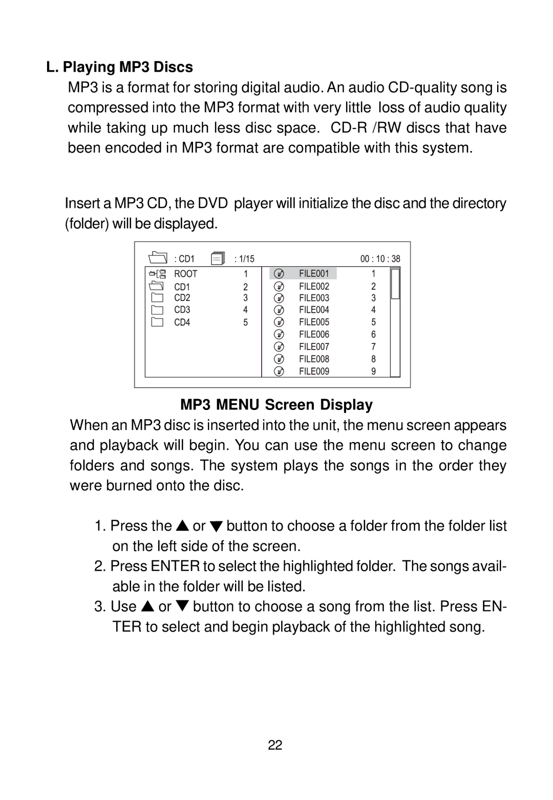 Audiovox D1500A manual Playing MP3 Discs, MP3 Menu Screen Display 