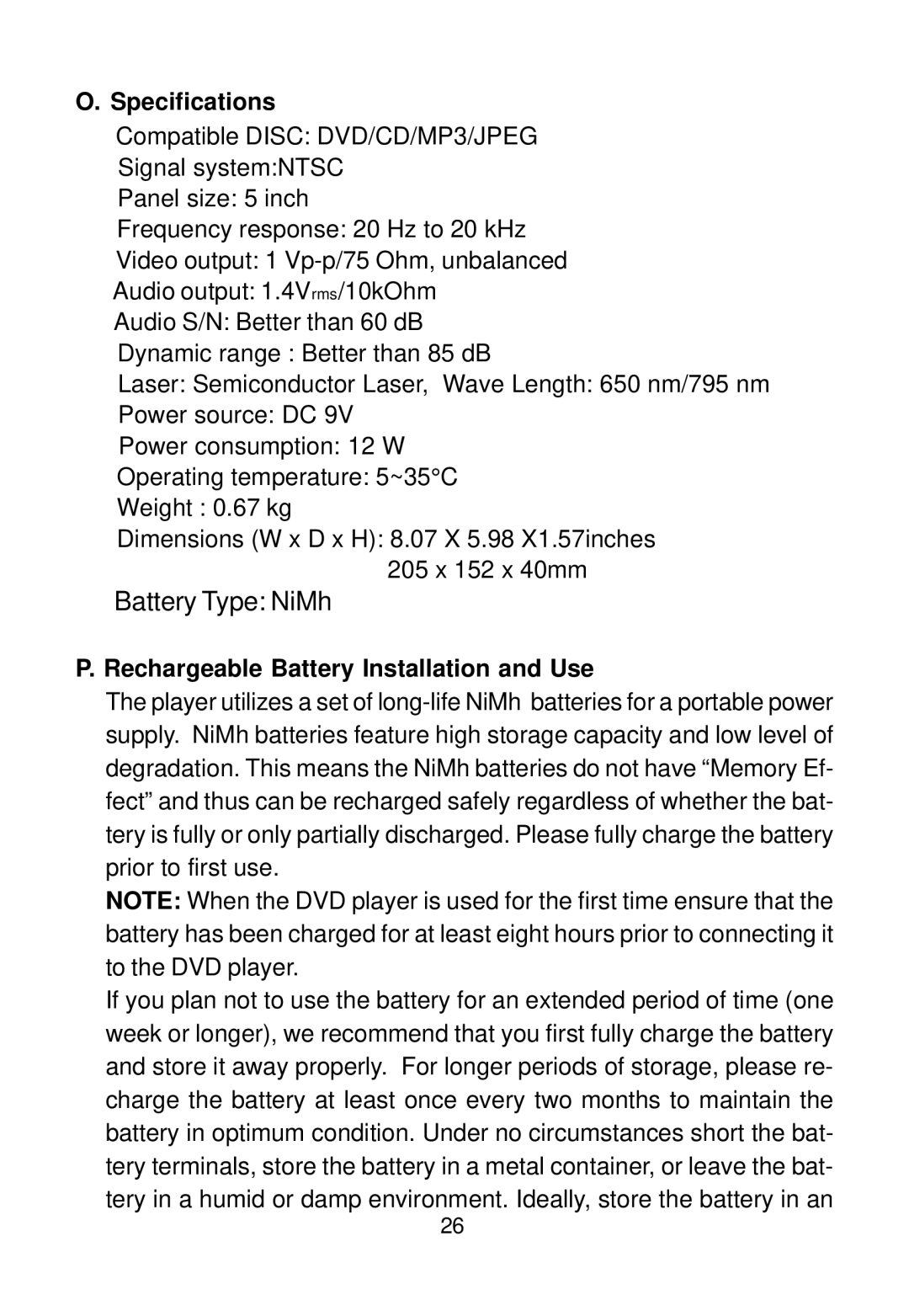 Audiovox D1500A manual Specifications, Rechargeable Battery Installation and Use 