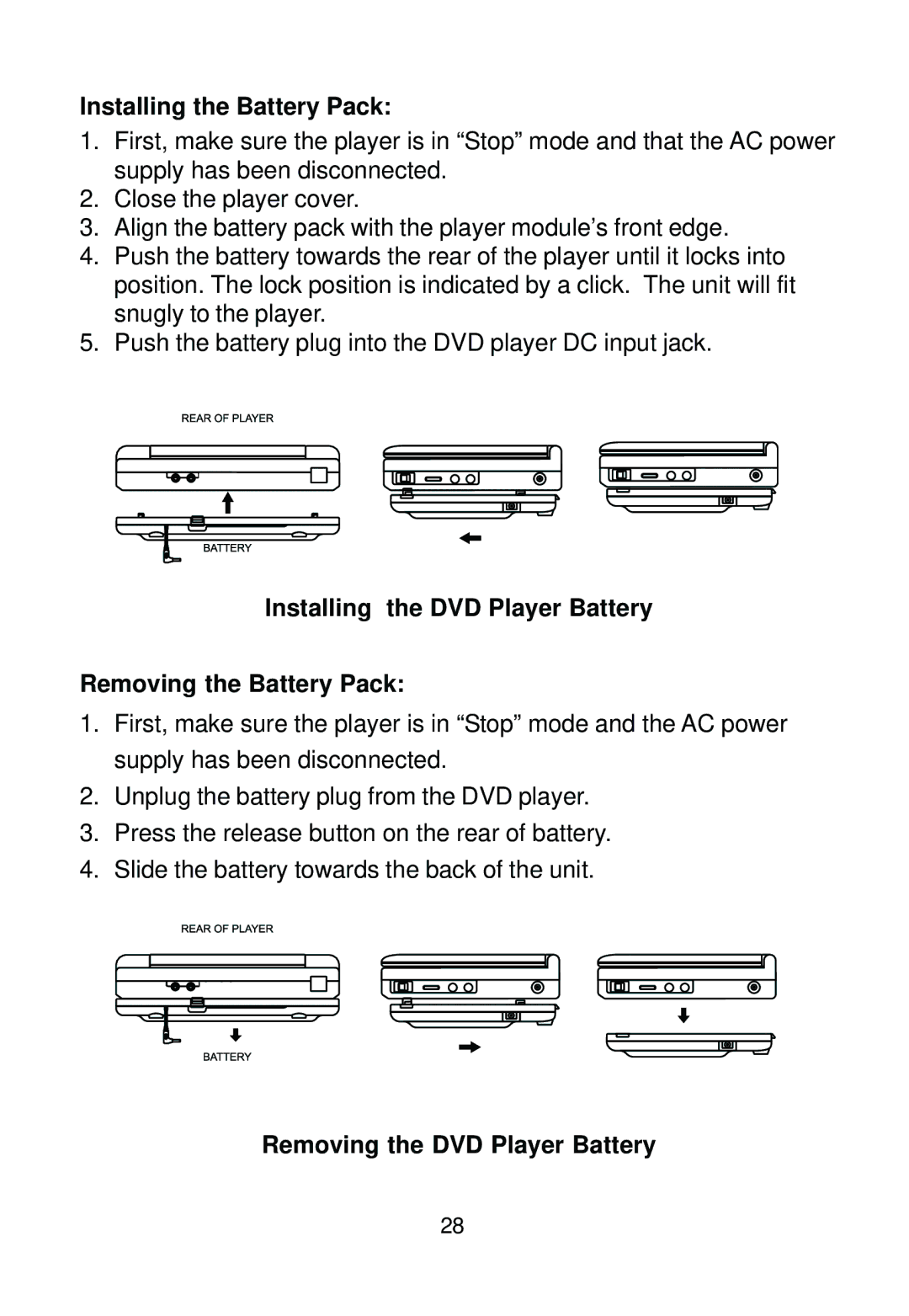 Audiovox D1500A manual Installing the Battery Pack, Installing the DVD Player Battery Removing the Battery Pack 