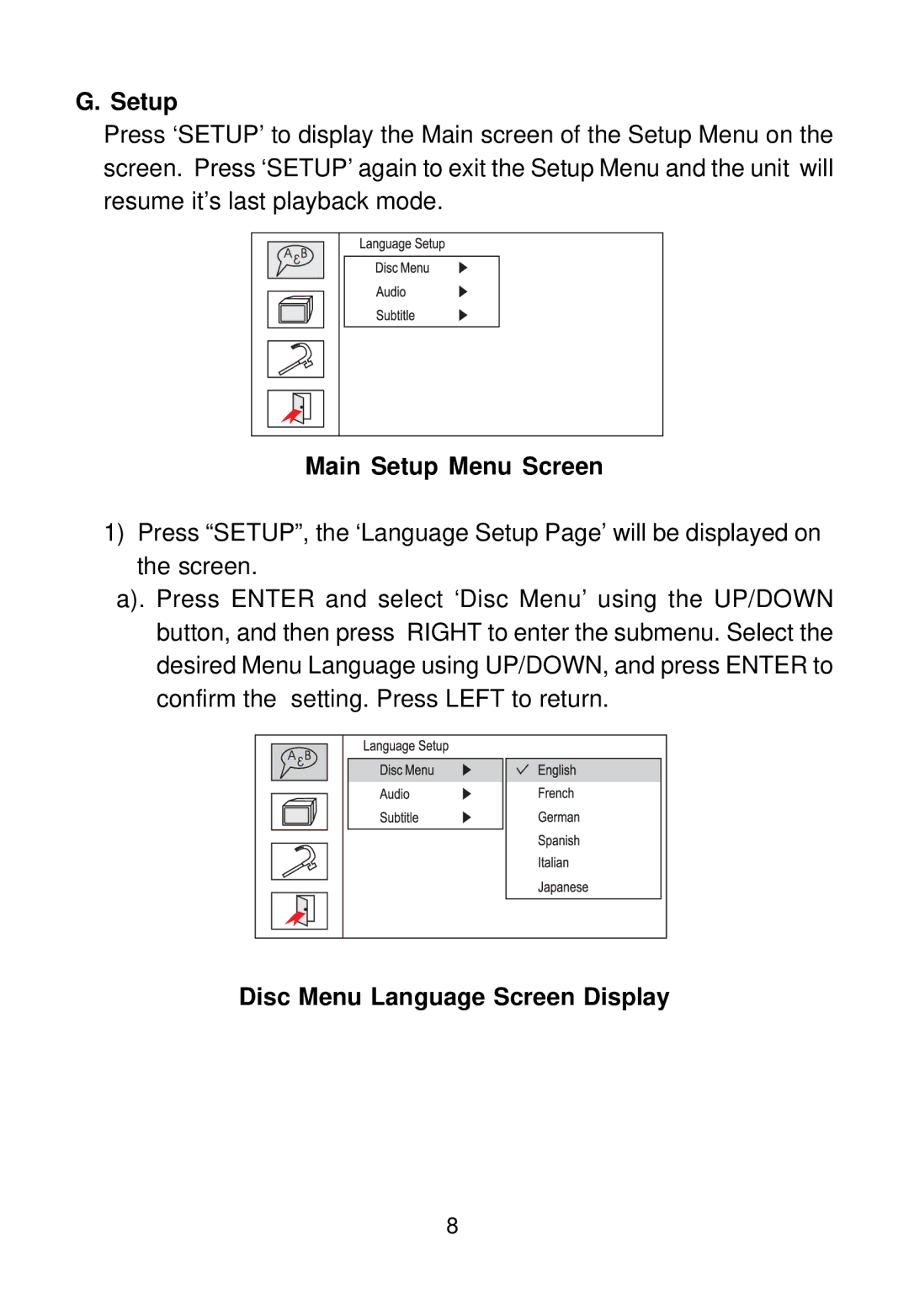 Audiovox D1500A manual Main Setup Menu Screen, Disc Menu Language Screen Display 