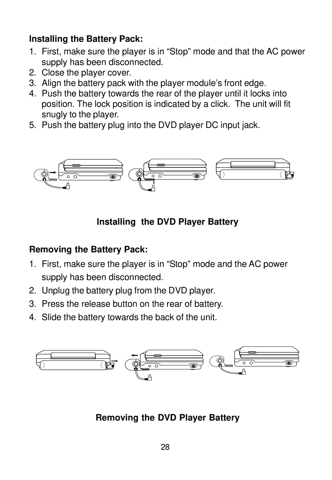 Audiovox D1500B manual Installing the Battery Pack, Installing the DVD Player Battery Removing the Battery Pack 