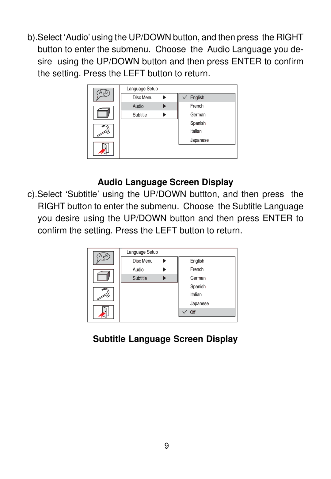 Audiovox D1500B manual Audio Language Screen Display, Subtitle Language Screen Display 