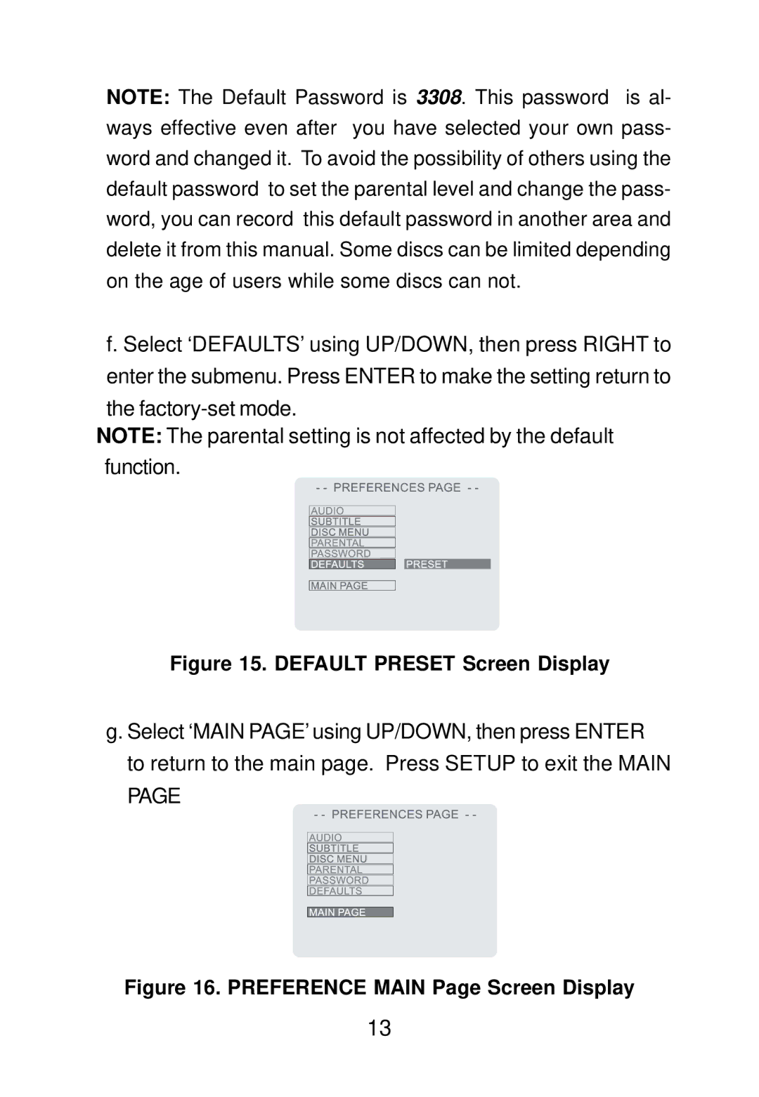 Audiovox D1501 manual Default Preset Screen Display 