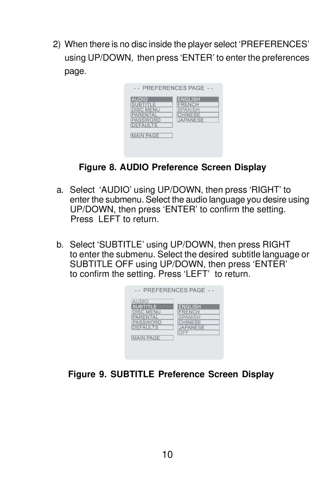 Audiovox D1501 manual Audio Preference Screen Display 