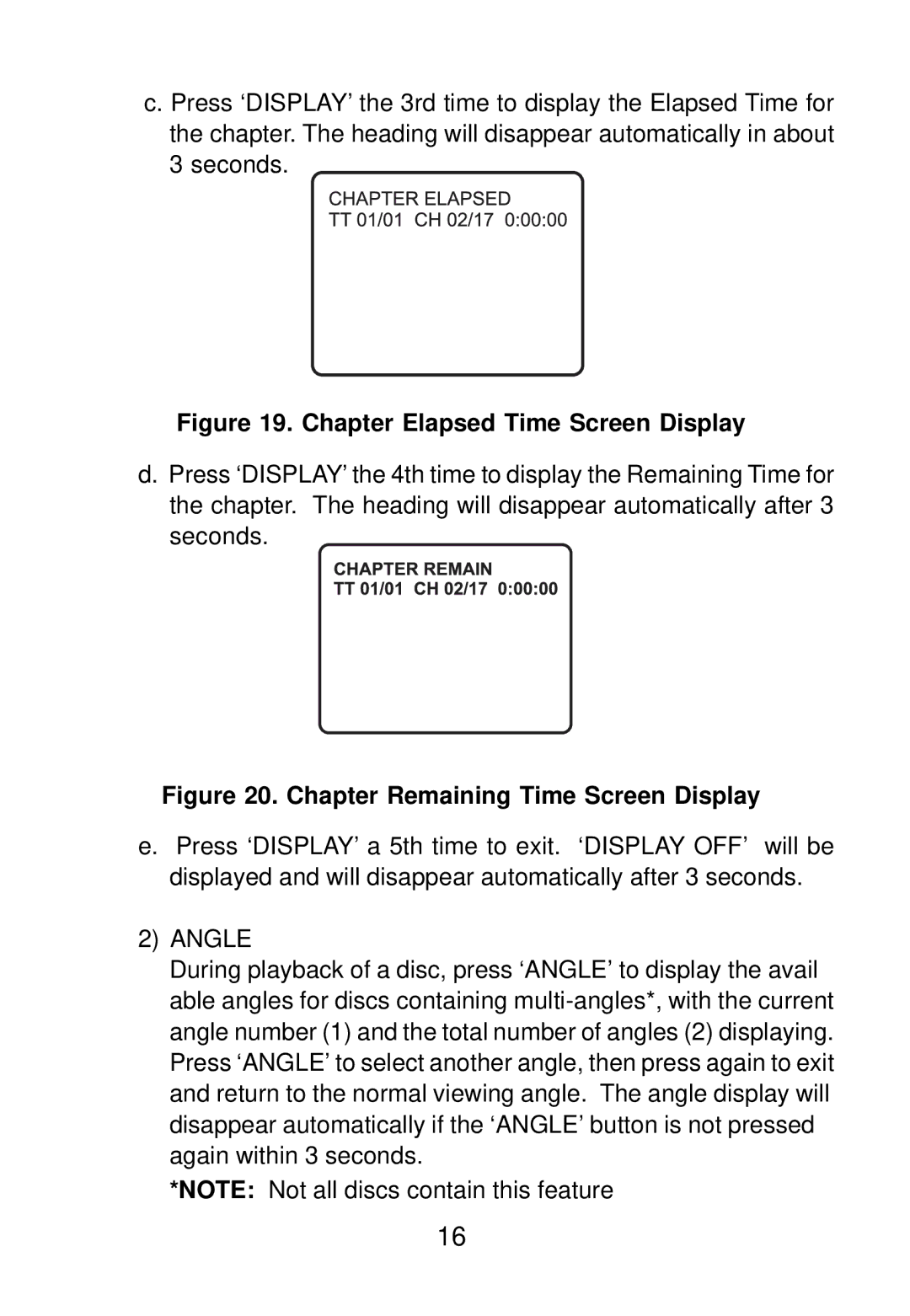 Audiovox D1501 manual Chapter Elapsed Time Screen Display 