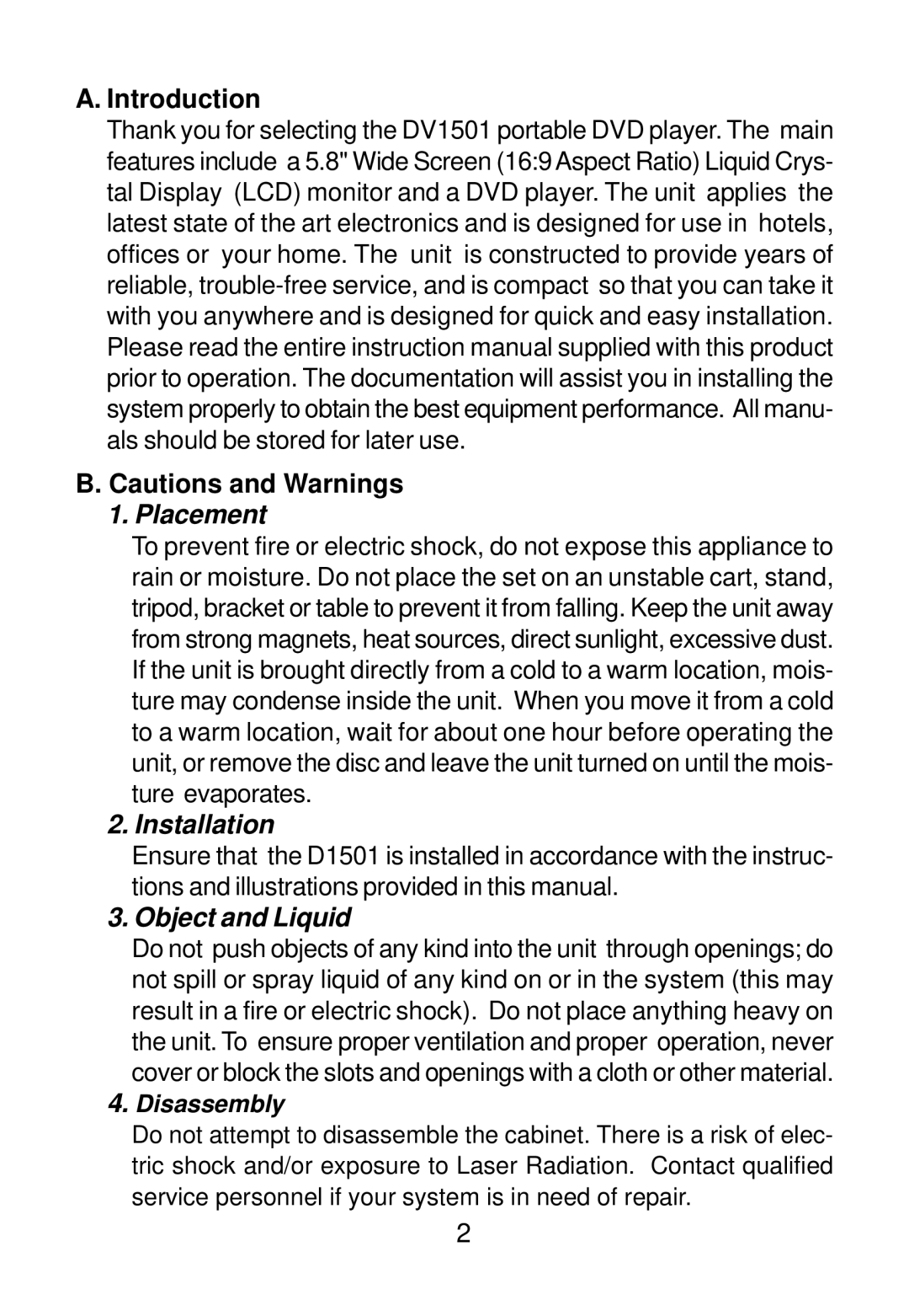 Audiovox D1501 manual Introduction, Placement 