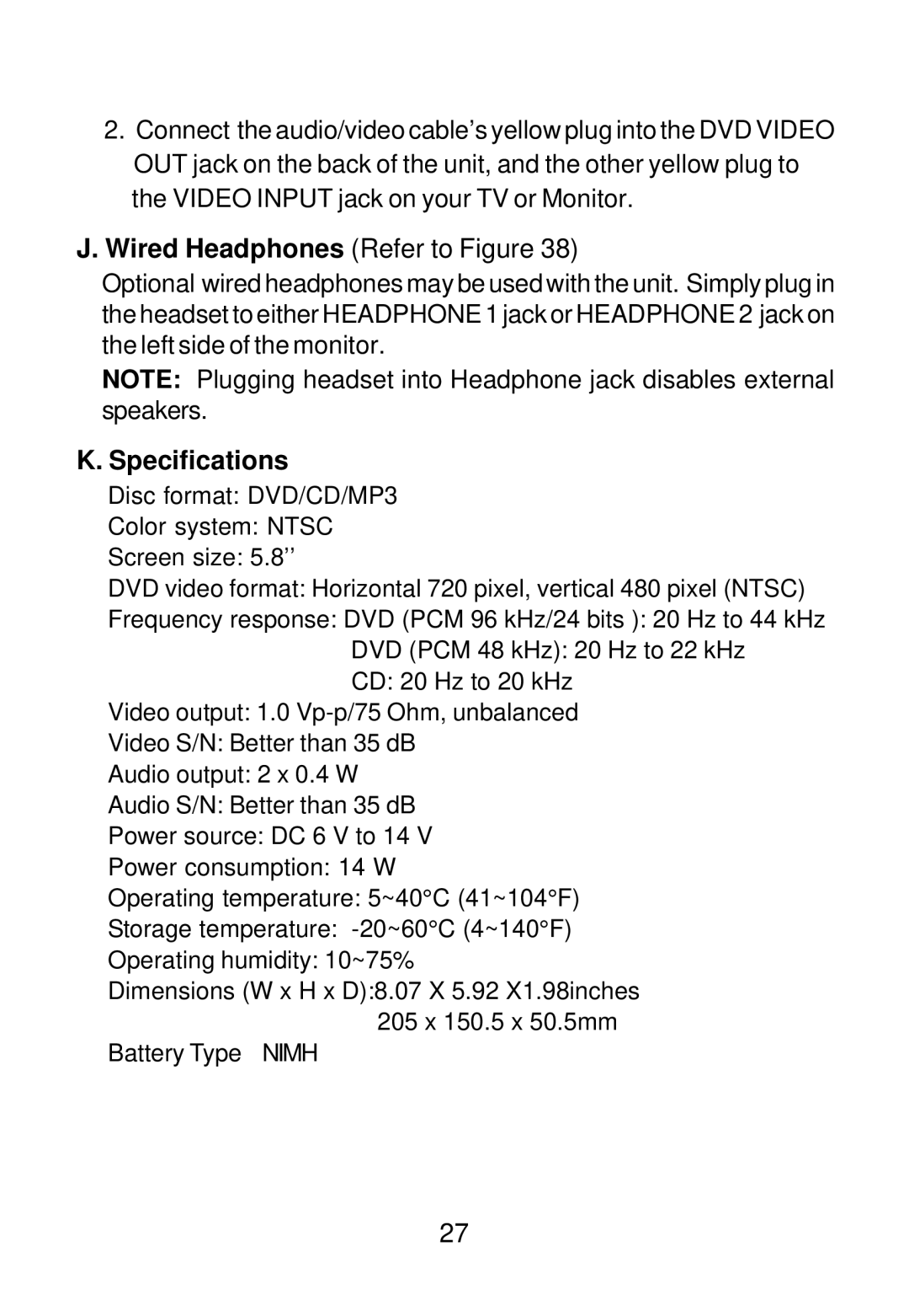 Audiovox D1501 manual Wired Headphones Refer to Figure, Specifications 