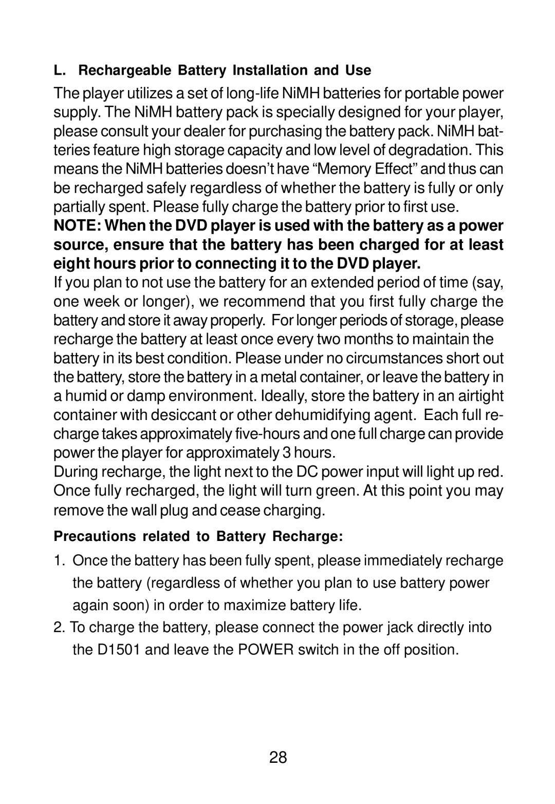 Audiovox D1501 manual Rechargeable Battery Installation and Use 