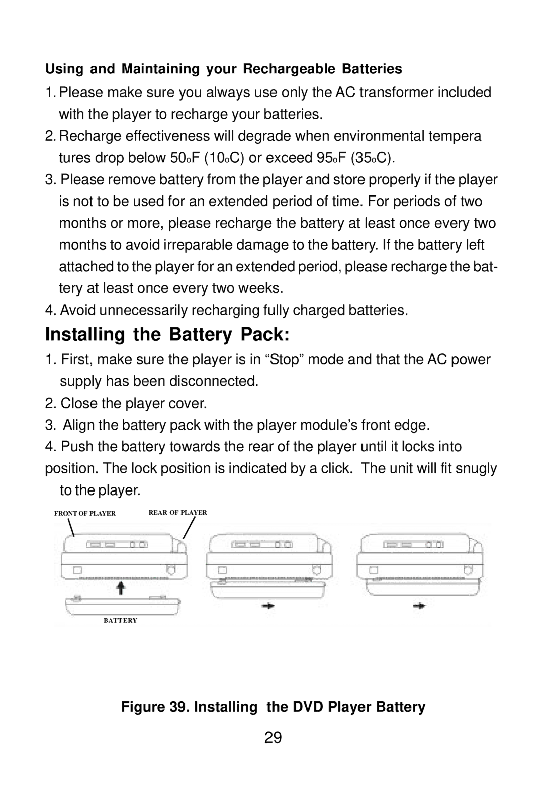 Audiovox D1501 manual Installing the Battery Pack 