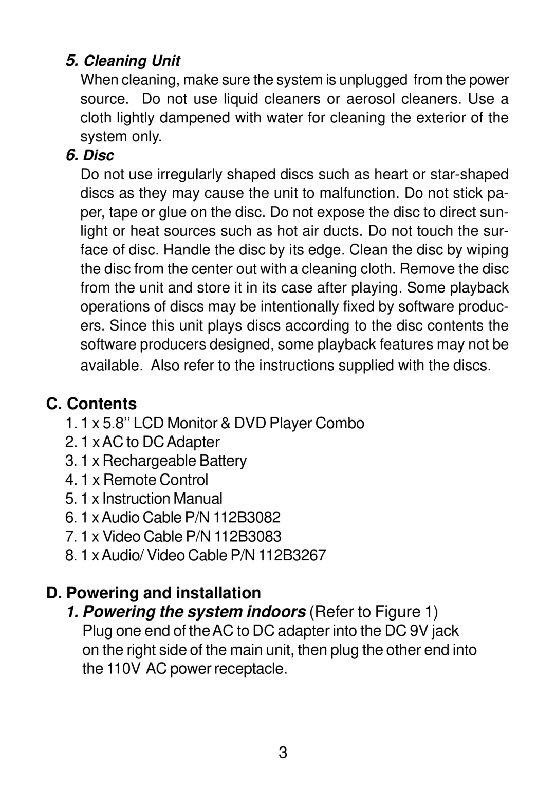 Audiovox D1501 manual Contents, Powering and installation 