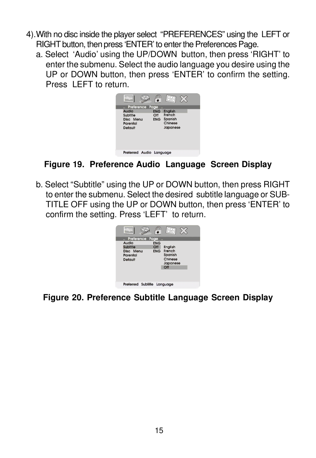 Audiovox D1620 manual Preference Audio Language Screen Display 