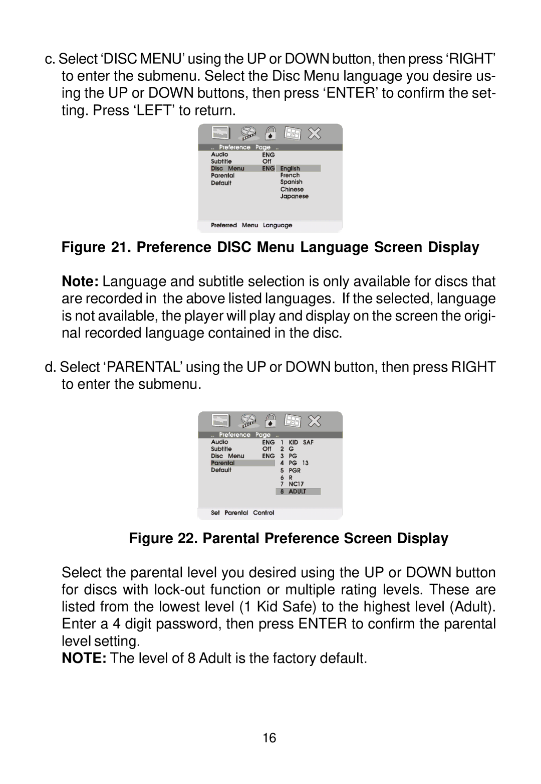 Audiovox D1620 manual Preference Disc Menu Language Screen Display 