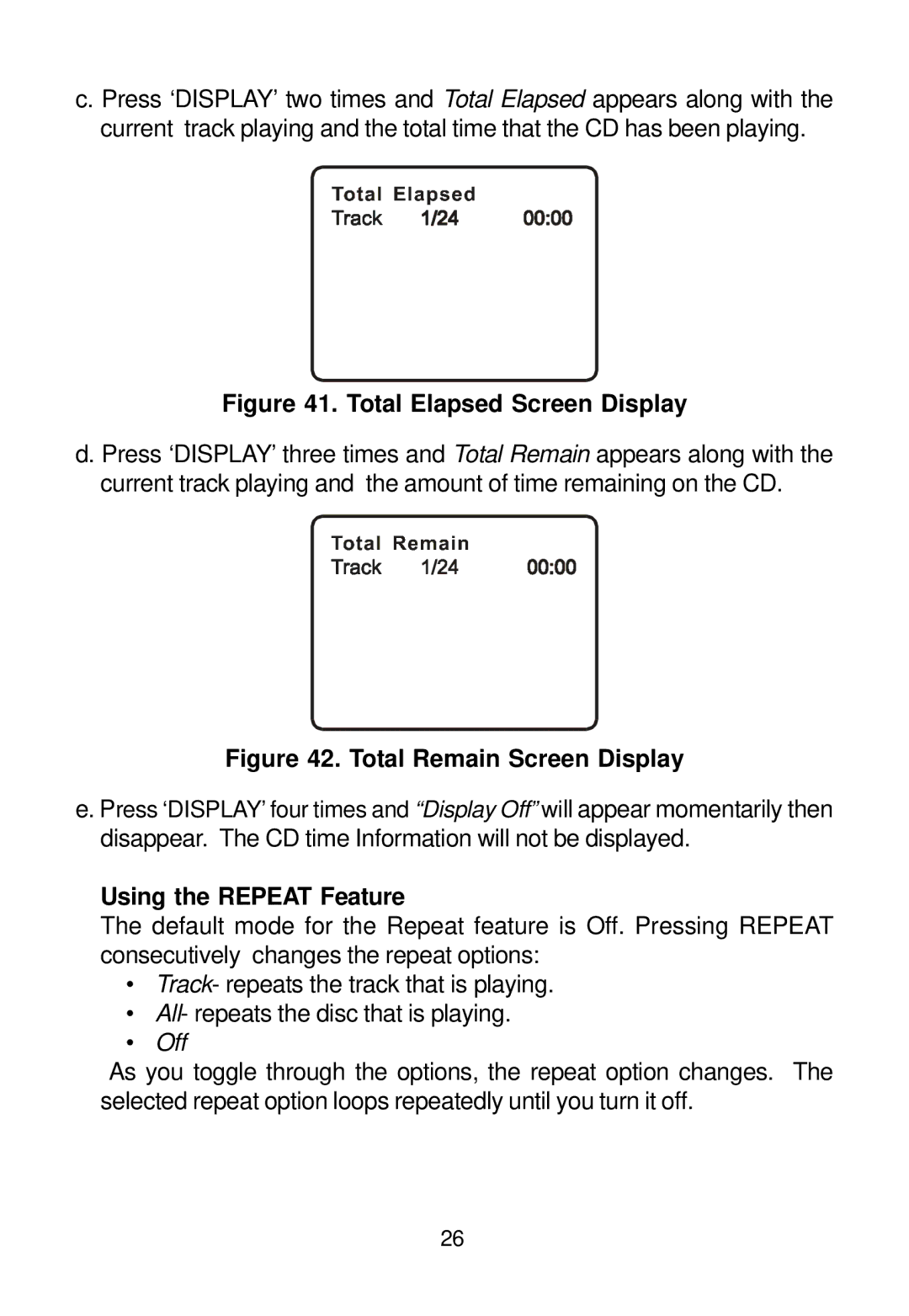 Audiovox D1620 manual Total Elapsed Screen Display, Using the Repeat Feature 