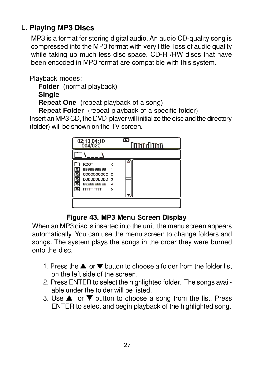 Audiovox D1620 manual Single, MP3 Menu Screen Display 