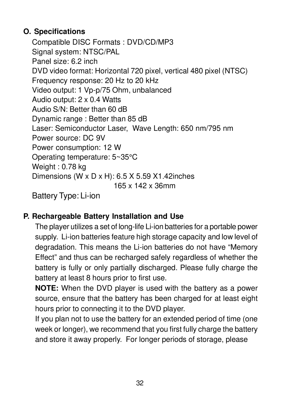 Audiovox D1620 manual Specifications, Rechargeable Battery Installation and Use 