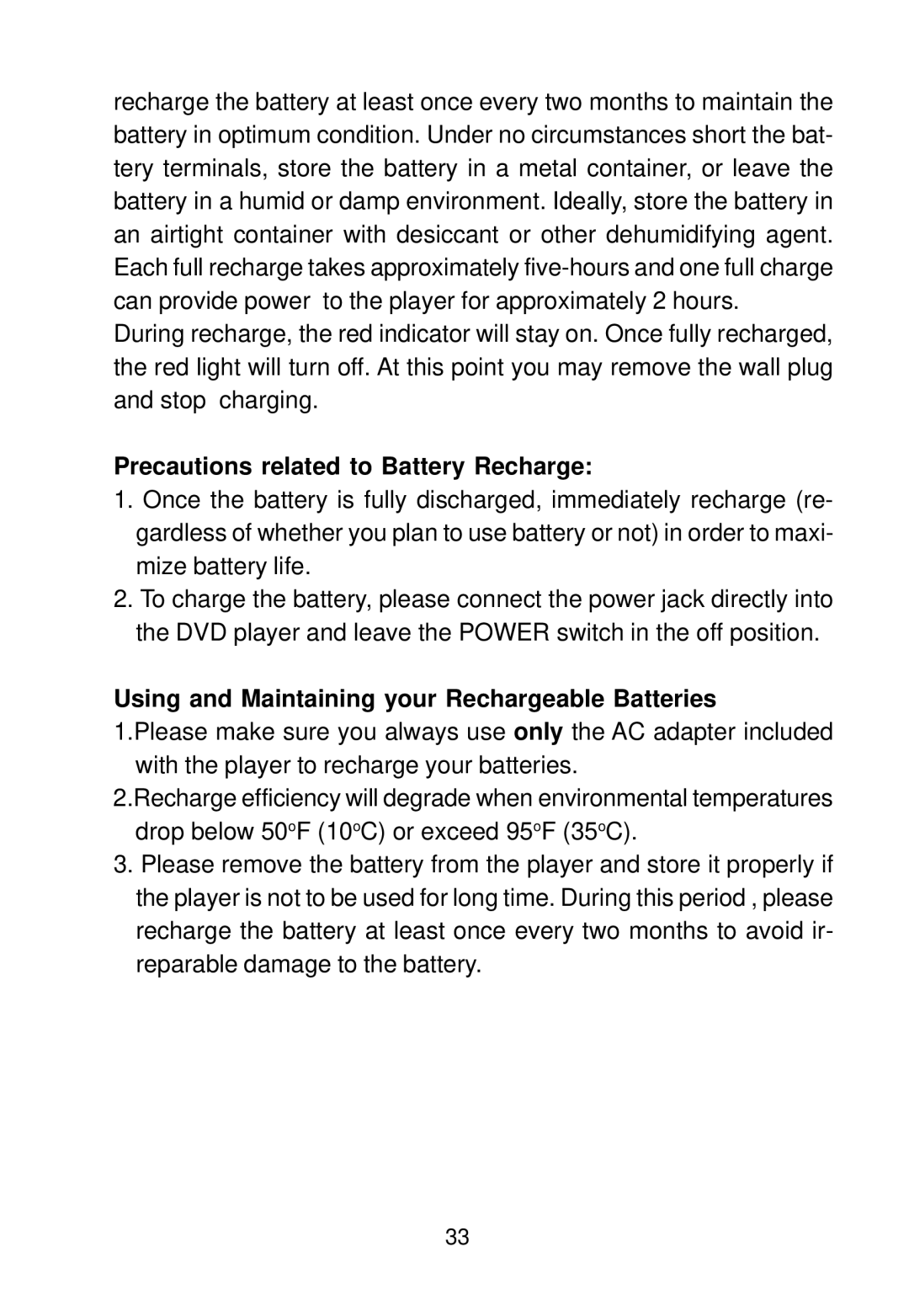 Audiovox D1620 manual Precautions related to Battery Recharge, Using and Maintaining your Rechargeable Batteries 